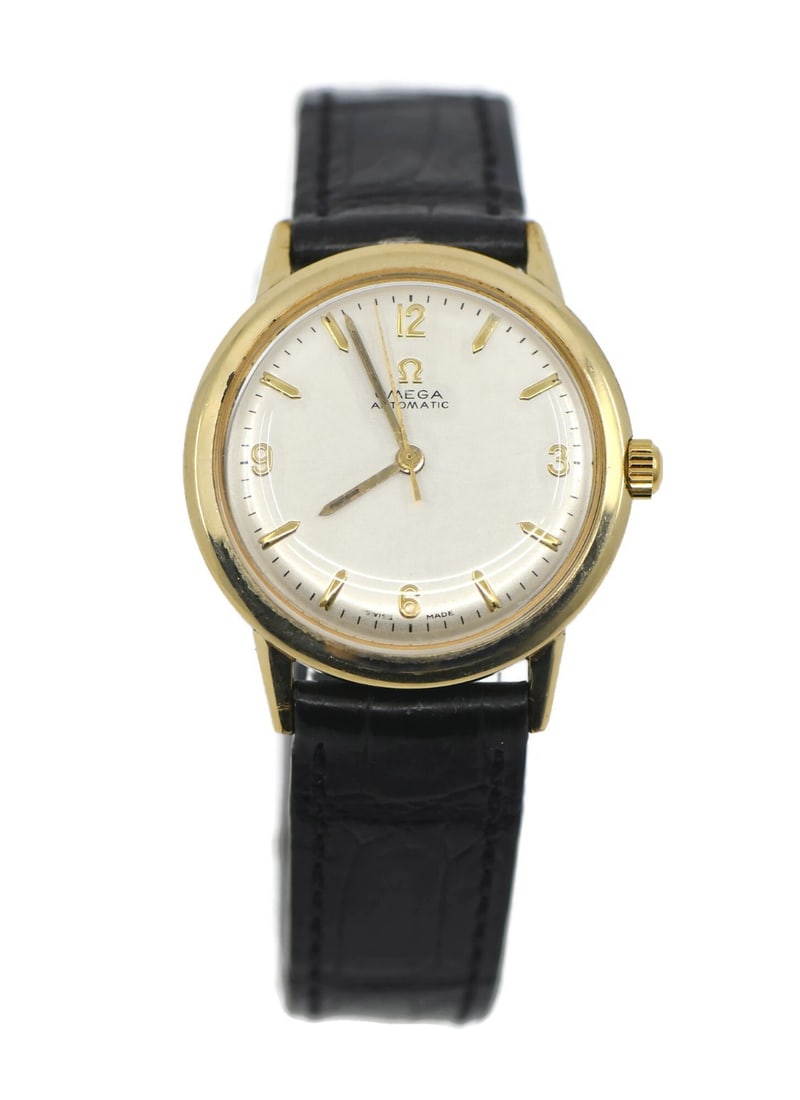 Omega Automatic Men's Leather Strap Stainless Steel Wristwatch: Omega Automatic Men's Leather Strap Stainless Steel Wristwatch This Omega two-tone wristwatch features a stainless steel case and a silver analog dial, complemented by a leather band. Designed for men