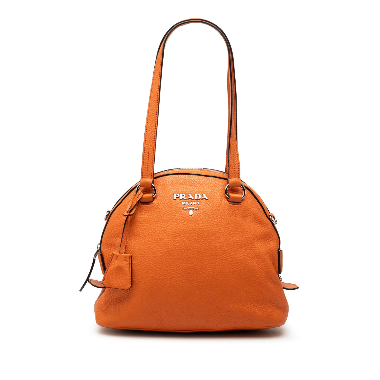 Prada Vitello Daino Leather Dome Satchel Bag Orange: Prada Vitello Daino Leather Dome Satchel Bag Orange This Prada Vitello Daino Dome Satchel is crafted with a leather body and features flat leather handles, a top zip closure, and interior pockets. It 