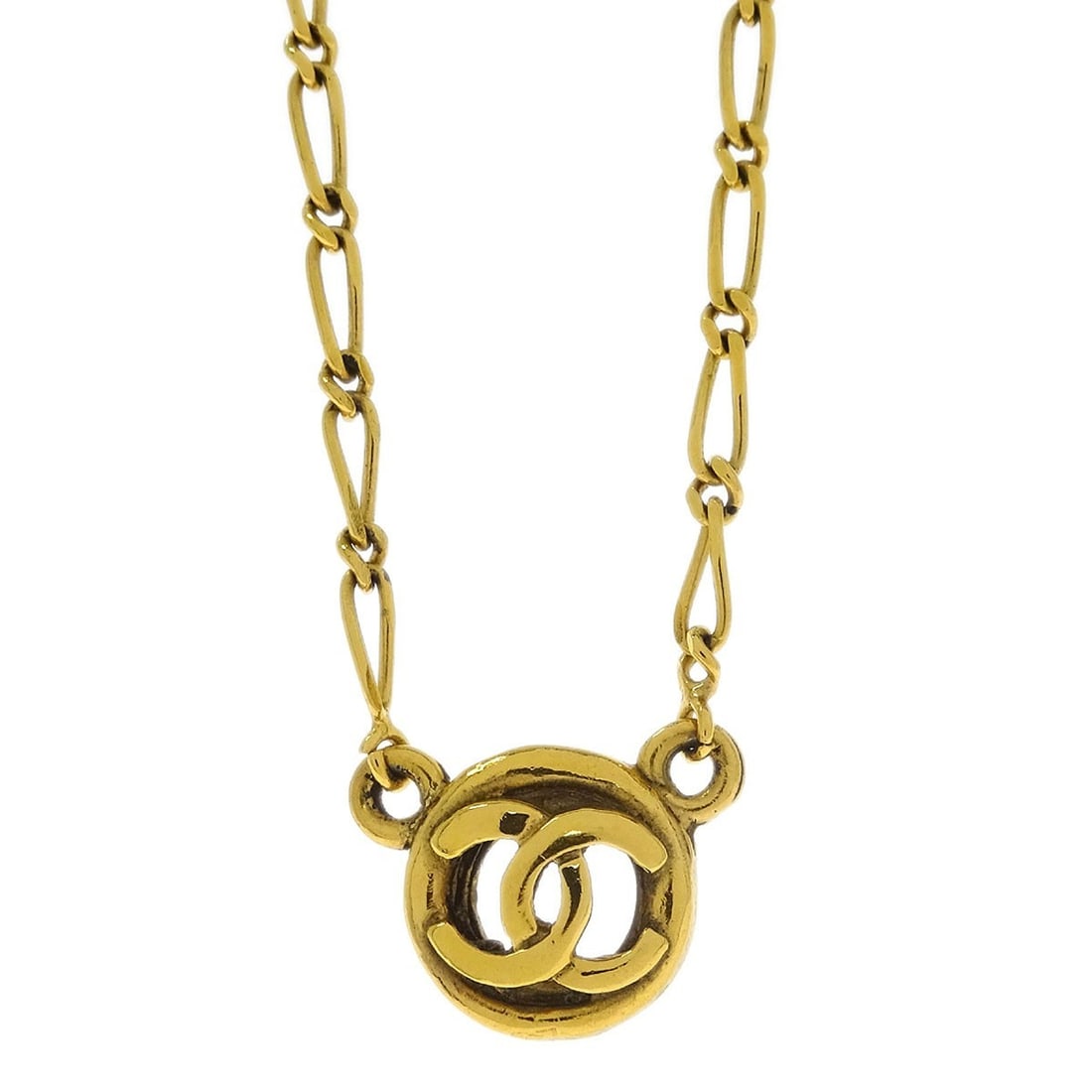 Chanel gold plated pendant necklace medallion motif France 1982: Chanel gold plated pendant necklace medallion motif France 1982 Vintage Chanel medallion pendant necklace in gold-plated metal, dated 1982 and made in France. This chain-style necklace features a roun