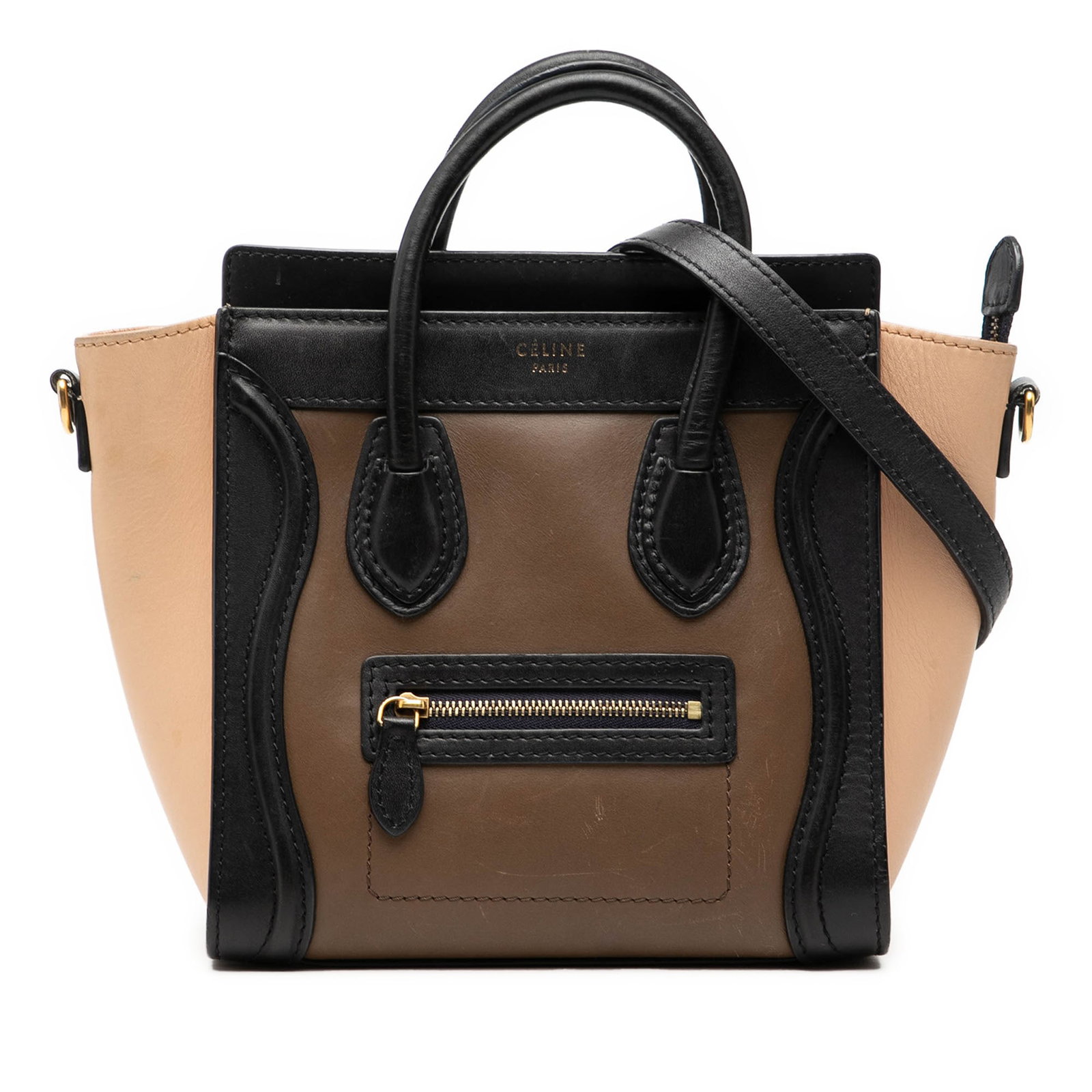 Celine Luggage Tote Nano Tricolor Leather Handbag with Strap: Celine Luggage Tote Nano Tricolor Leather Handbag with Strap This Celine Nano Tricolor Leather Luggage Tote features a tricolor leather body with rolled leather handles and a detachable flat leather s
