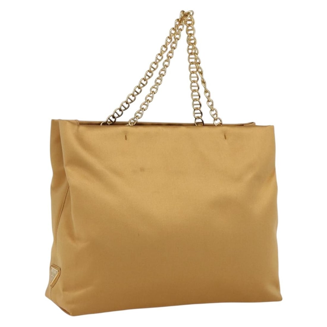 Gold Satin Chain Shoulder Bag by Prada with Guarantee Card: Gold Satin Chain Shoulder Bag by Prada with Guarantee Card This PRADA chain hand bag is crafted from gold satin and showcases a classic, elegant design. Made in Italy, it features a structured silhoue