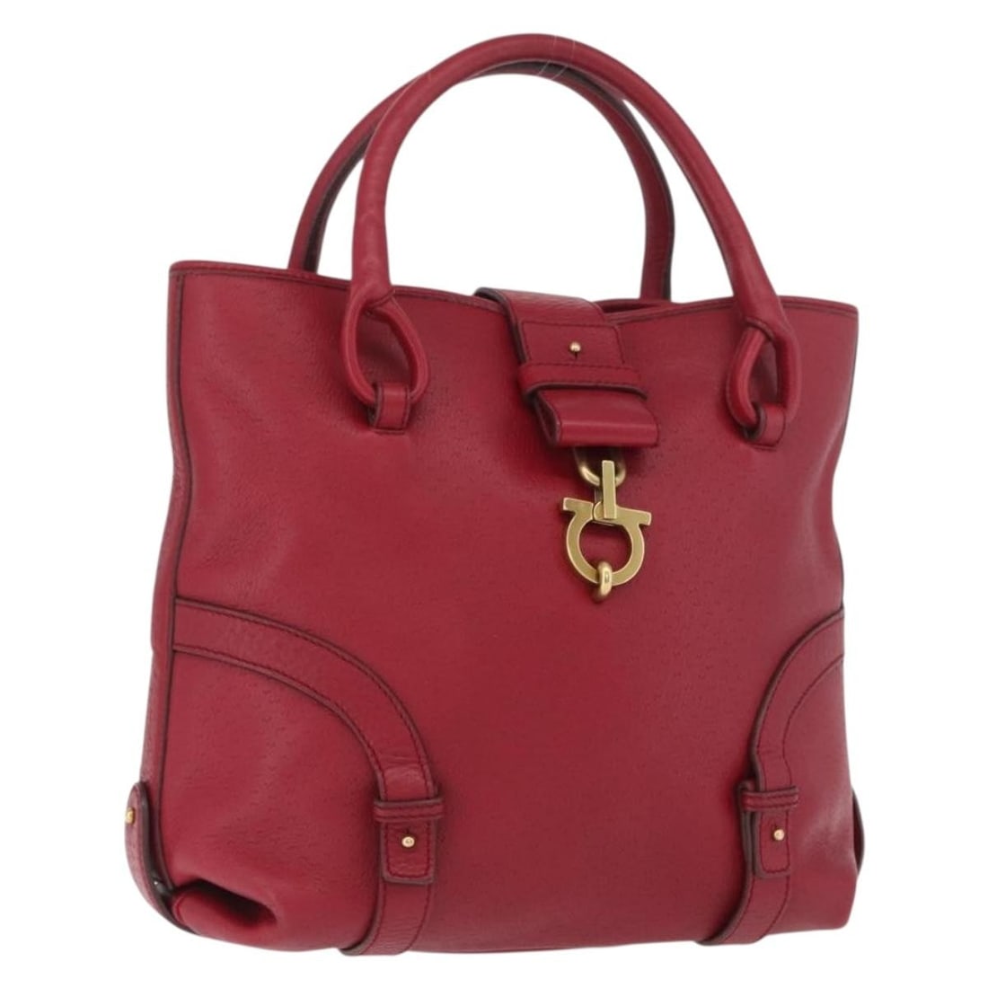 Red Leather Gancini Handbag by Salvatore Ferragamo Gold Tone: Red Leather Gancini Handbag by Salvatore Ferragamo Gold Tone Salvatore Ferragamo Gancini hand bag in red and gold leather, made in Italy. The bag measures approximately 30 cm W x 26 cm H x 13 cm D, wi