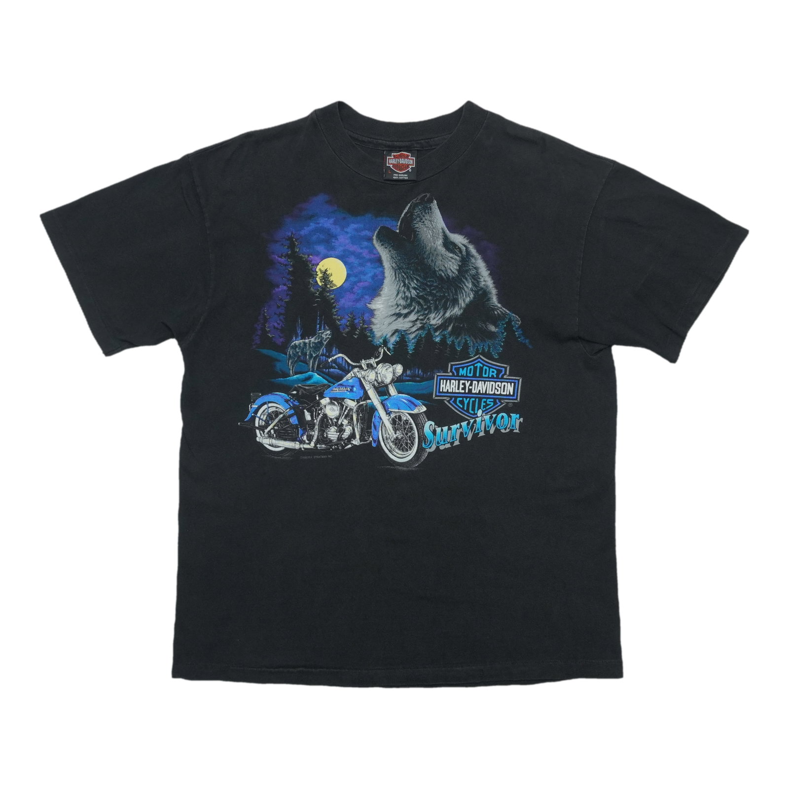 Vintage 1993 Harley Davidson Wolf Graphic Cotton Shirt Large: Vintage 1993 Harley Davidson Wolf Graphic Cotton Shirt Large This is an original vintage 1993 Harley Davidson Survivor Wolf shirt featuring graphics on both the front and back. The shirt is made of 10