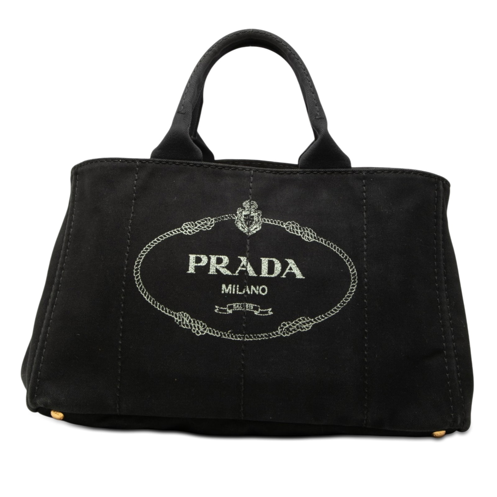 Prada Canapa Logo Tote Large Black Canvas Satchel: Prada Canapa Logo Tote Large Black Canvas Satchel Prada large Canapa logo tote in black canvas with rolled handles, an open top with side snap closures, and an interior with zip and slip pockets. Made