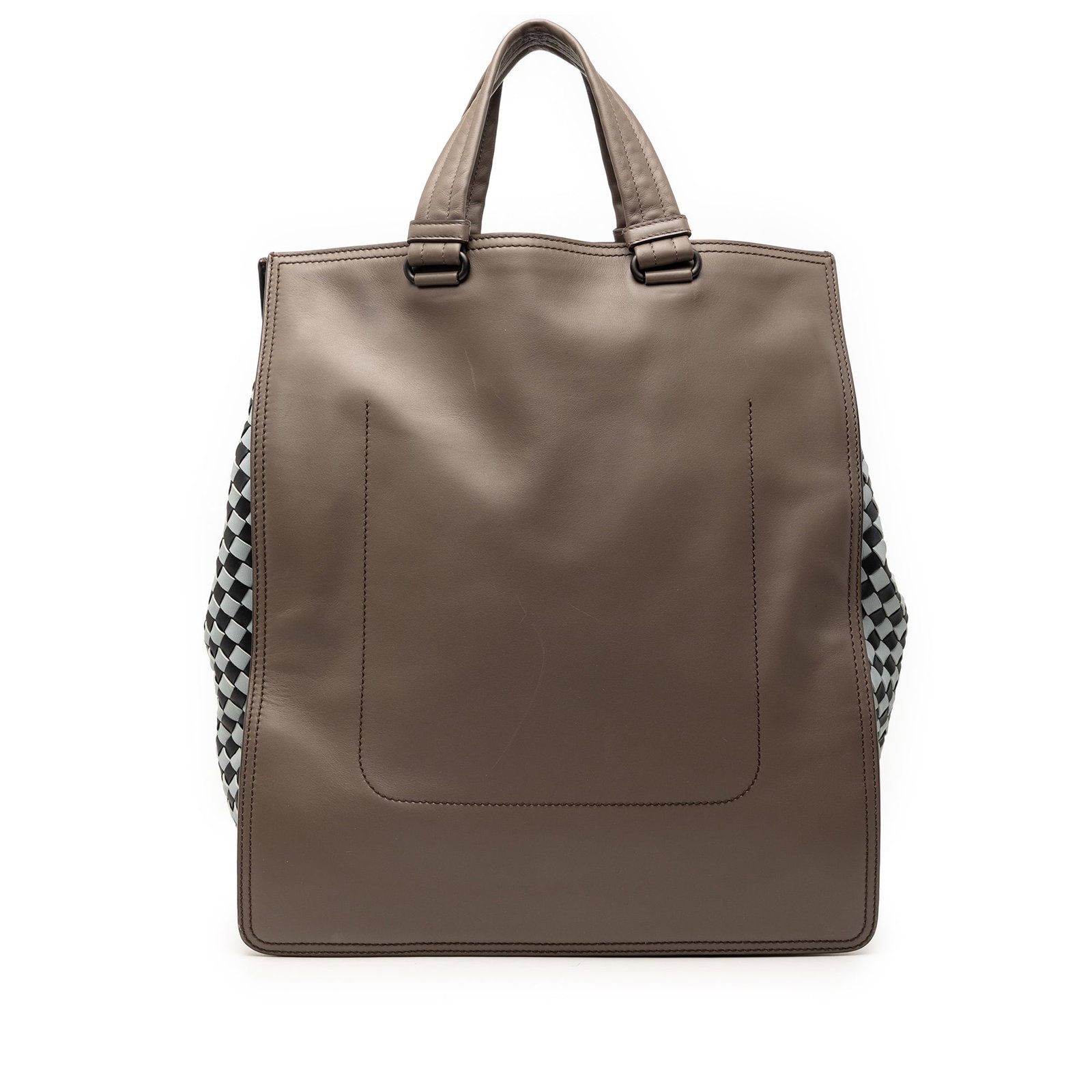 Bottega Veneta leather tote Intrecciato Trimmed model: Bottega Veneta leather tote Intrecciato Trimmed model This Bottega Veneta tote bag features a brown leather body with signature Intrecciato trim, flat leather handles, an open top, and interior zip an
