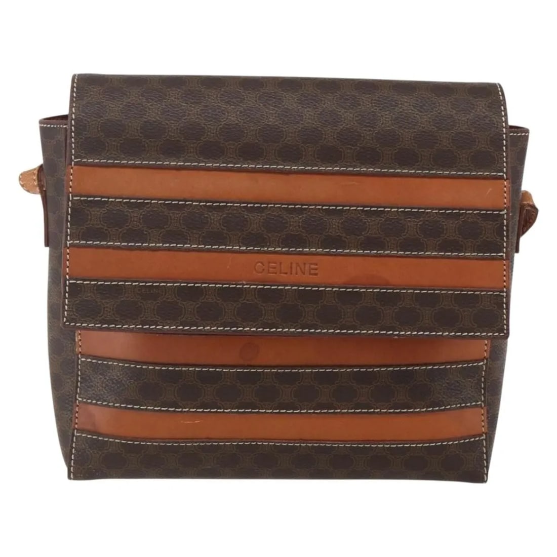 Celine Vintage Macadam Shoulder Bag Brown Canvas Leather: Celine Vintage Macadam Shoulder Bag Brown Canvas Leather This vintage Celine Macadam shoulder bag for women features a brown canvas body with leather accents. It has a compact size measuring 22cm x 18