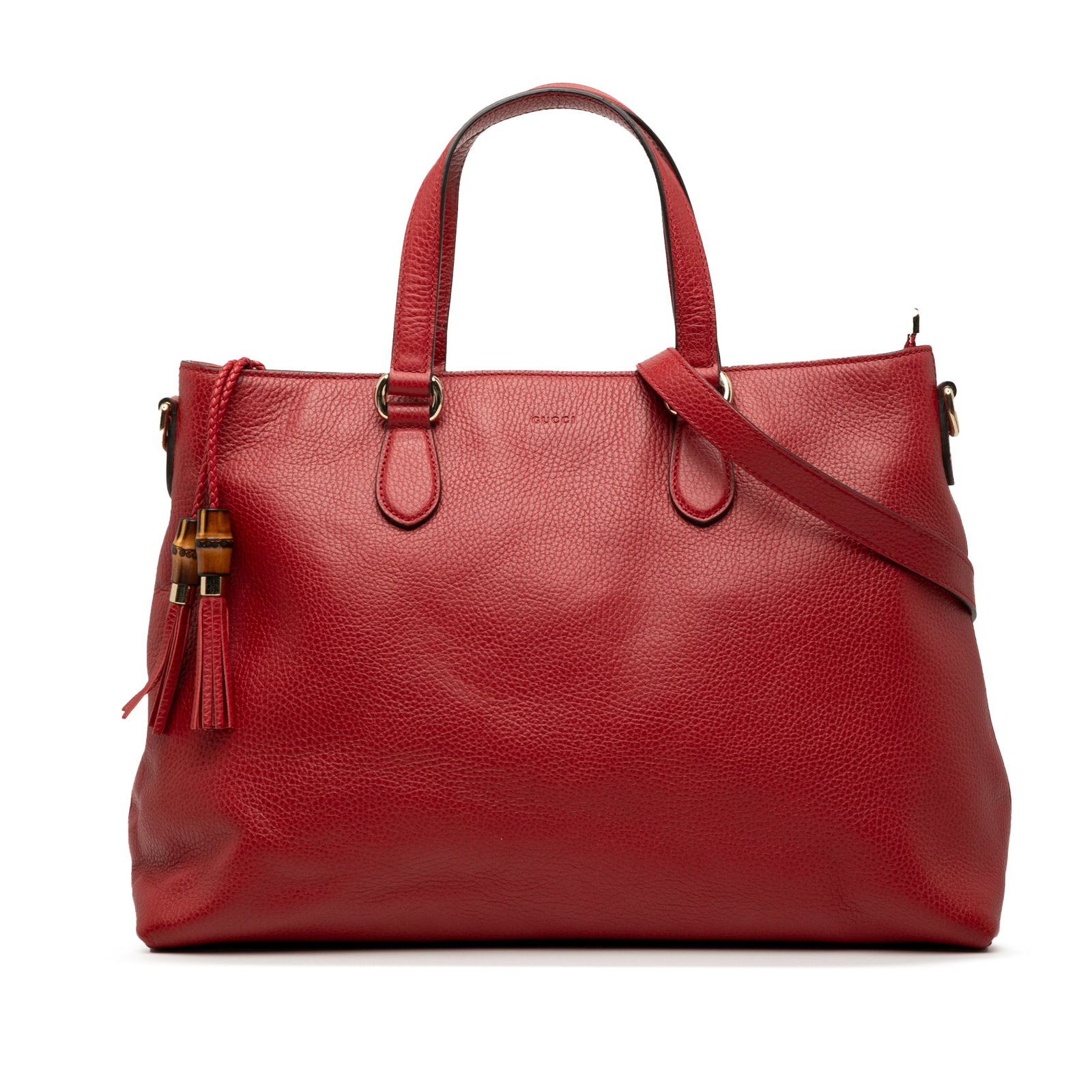 Gucci Leather Bamboo Tassel Satchel Red Italy: Gucci Leather Bamboo Tassel Satchel Red Italy Introducing the Gucci Leather Bamboo Tassel Satchel, a stylish and functional accessory crafted in Italy. This exquisite satchel features a luxurious leat