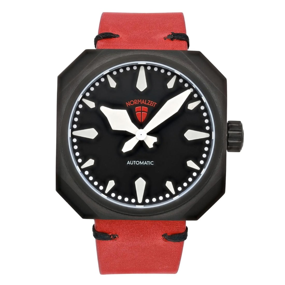 Normalzeit NZBKBK_WBTAN automatic wristwatch black steel red leather strap: Normalzeit NZBKBK_WBTAN automatic wristwatch black steel red leather strap Normalzeit black steel limited edition automatic wristwatch with a black dial, red leather two-piece strap, and octagonal sta