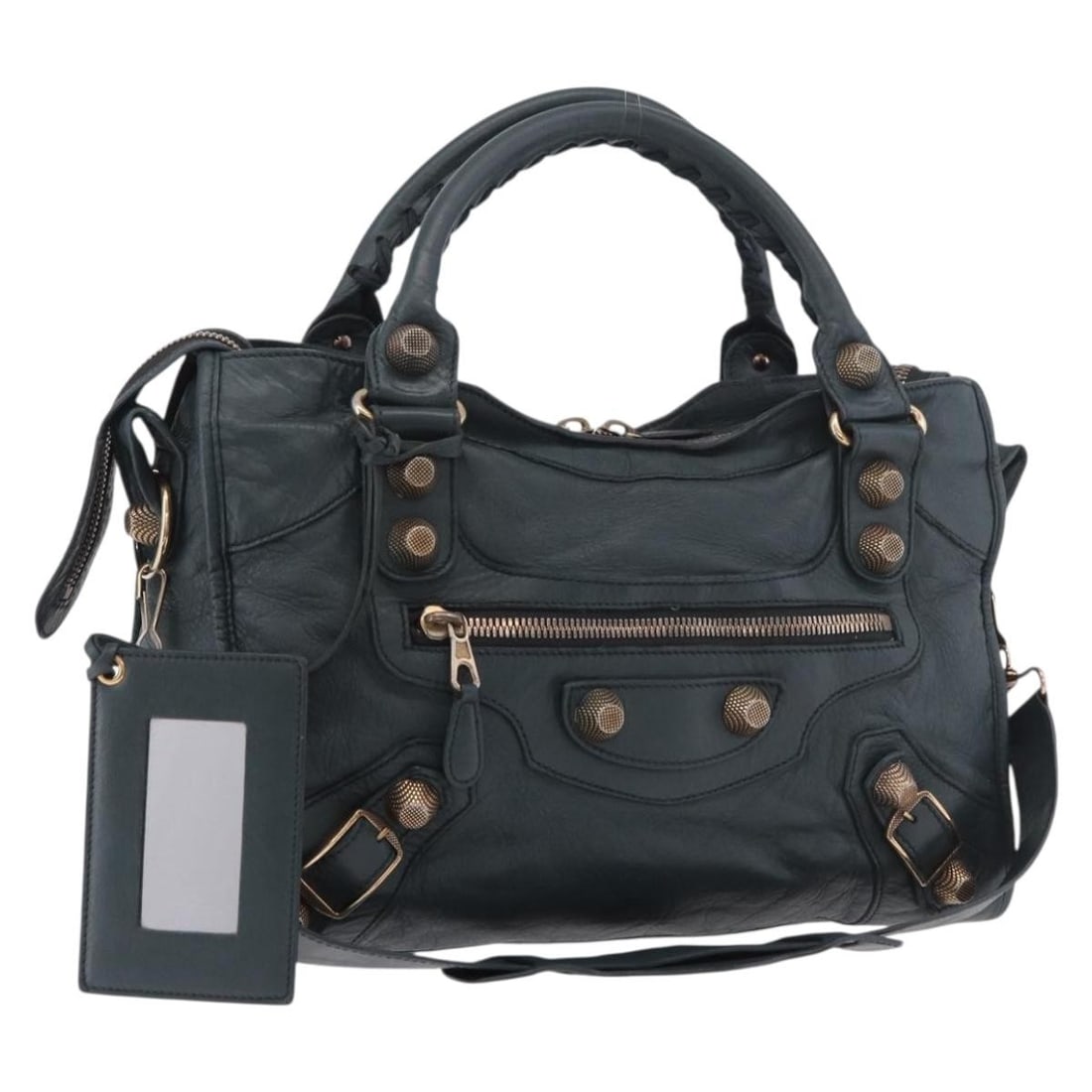 BALENCIAGA Giant City 2way Leather Handbag Navy Gold 173084: BALENCIAGA Giant City 2way Leather Handbag Navy Gold 173084 Balenciaga The Giant City 2-way handbag in navy leather with gold-tone accents. Made in Italy, this women's handbag includes a shoulder stra