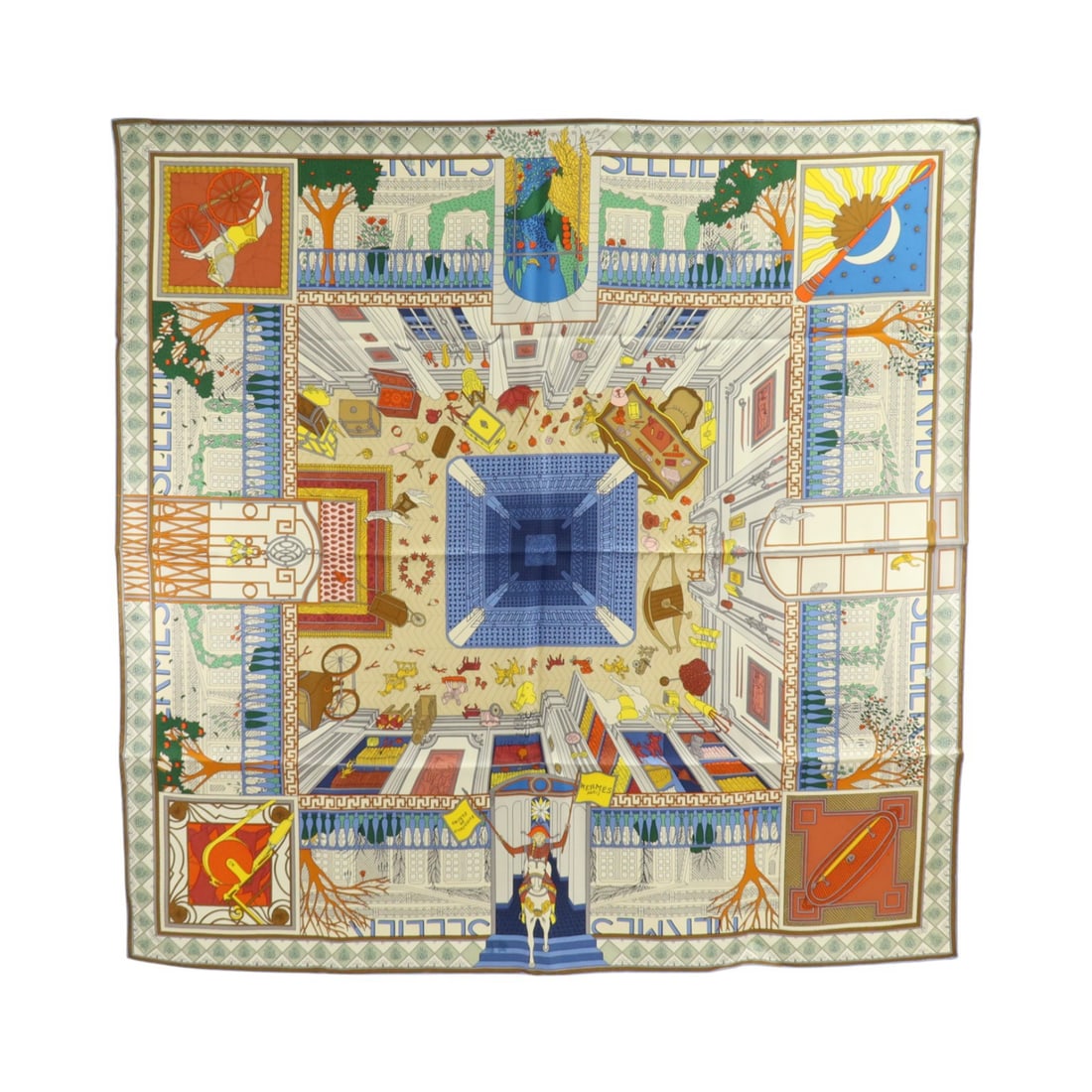 Hermes Silk Scarf 90x90cm Blue White Multicolor with Box: Hermes Silk Scarf 90x90cm Blue White Multicolor with Box Hermes 90x90cm silk scarf in blue, white, and multicolor. It comes with a storage box and is described as being in AB very good condition. Spec