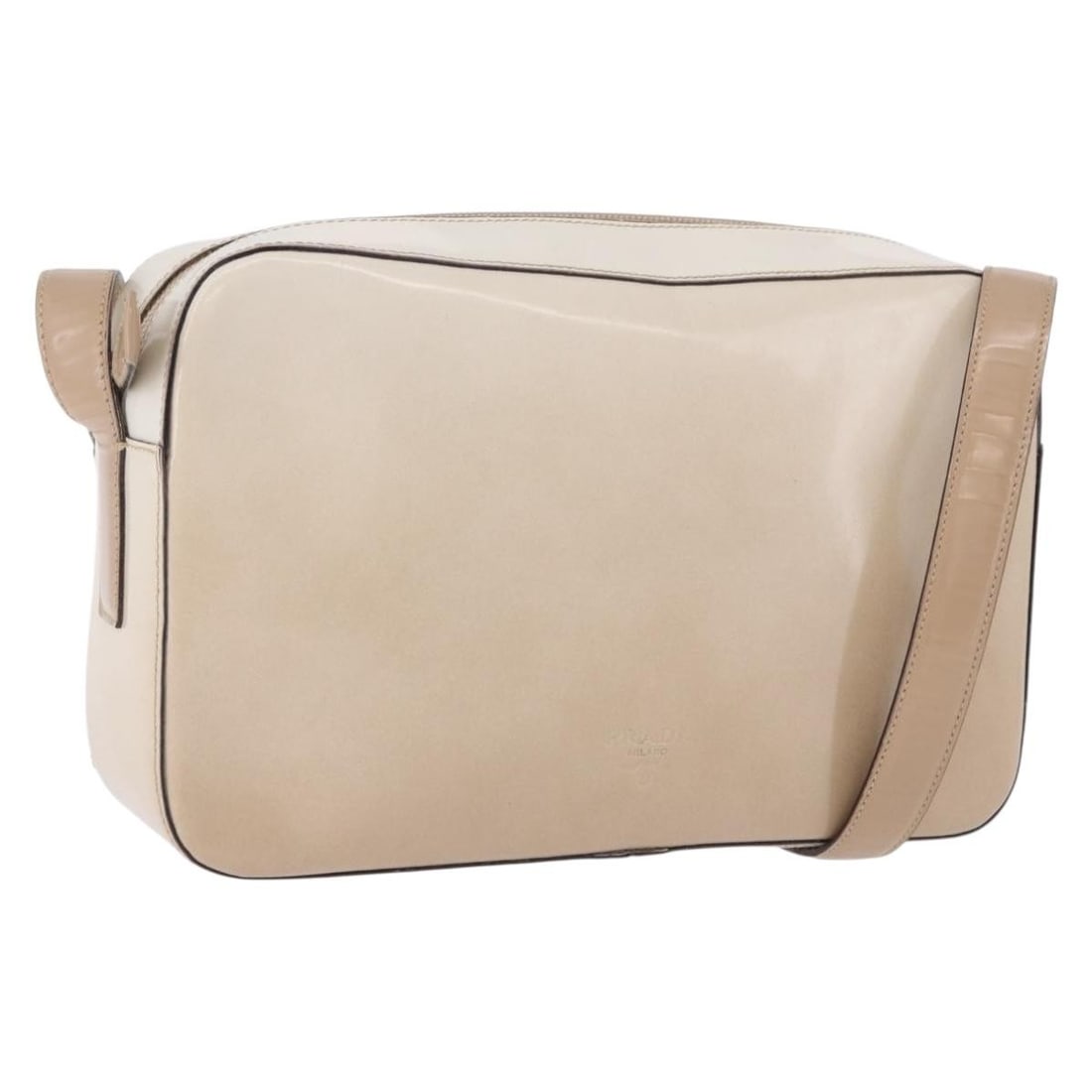 PRADA Ivory Leather Shoulder Bag with Silver Tone Hardware: PRADA Ivory Leather Shoulder Bag with Silver Tone Hardware Ivory and silver Prada leather shoulder bag made in Italy. It comes with a guarantee card and has a serial number of 38. The bag is in B cond