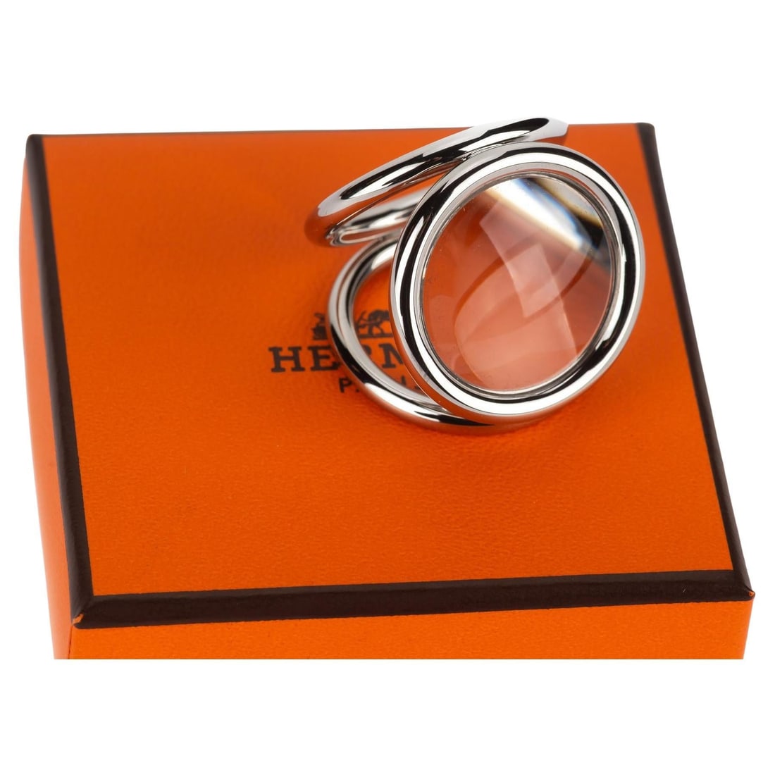 Hermes Anneau de Carre Trio Loop scarf ring palladium glass: Hermes Anneau de Carre Trio Loop scarf ring palladium glass Hermes Anneau de Carre Trio Loop scarf accessory designed to slide onto a scarf for alternative styling. The glass center provides approxima