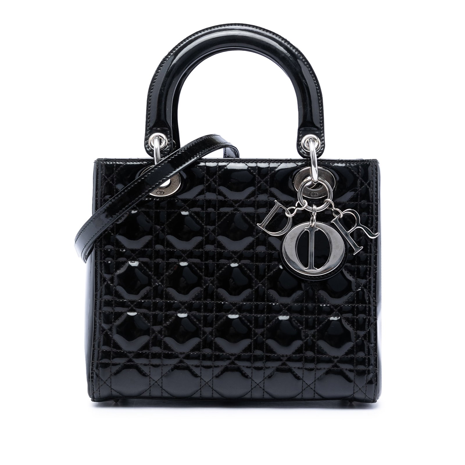 Dior Lady Dior Medium Patent Leather Cannage Handbag Black: Dior Lady Dior Medium Patent Leather Cannage Handbag Black The Medium Patent Cannage Lady Dior is a black bag from Dior, made in Italy. It features a quilted patent leather body, flat leather top hand