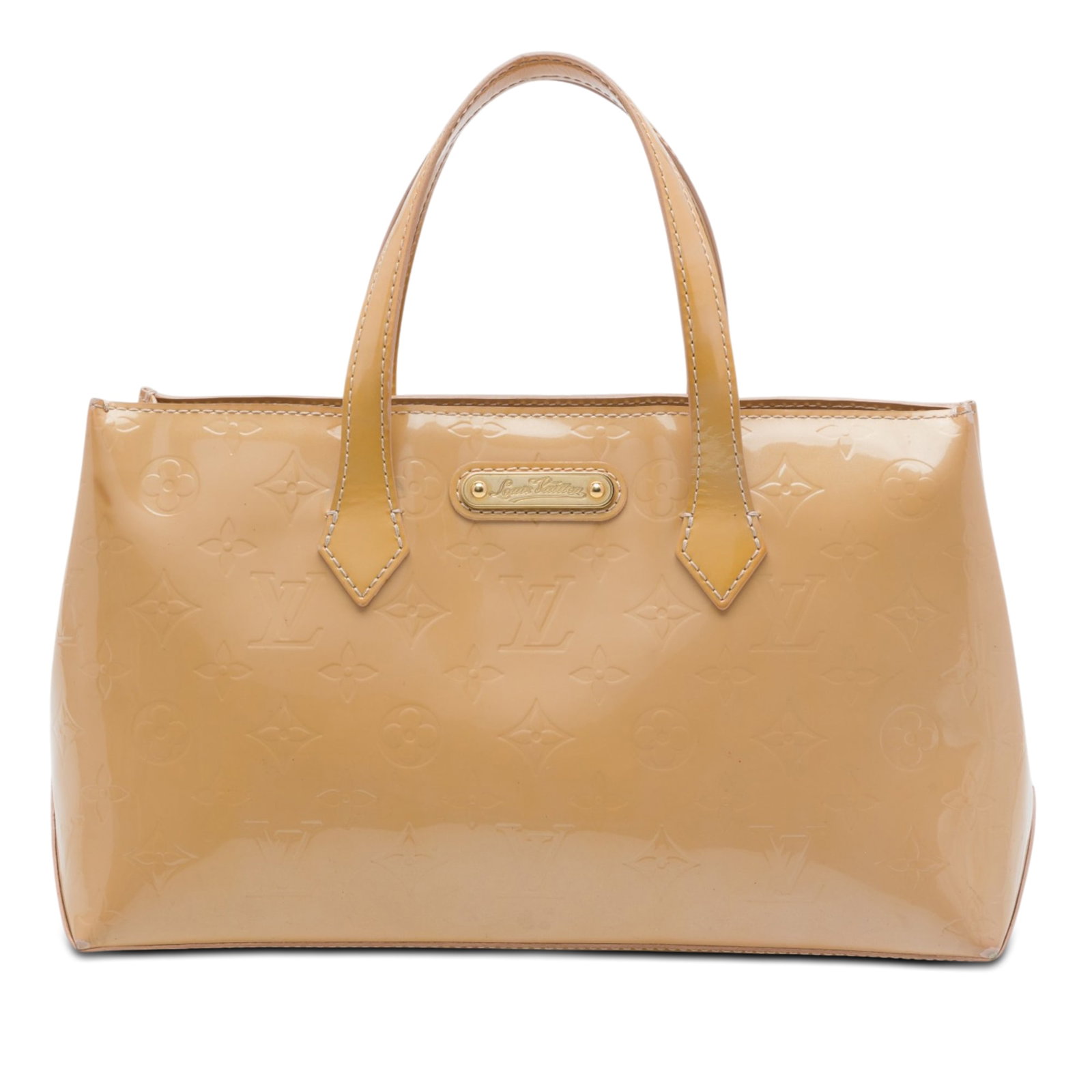 Louis Vuitton Wilshire PM Monogram Vernis Leather Handbag: Louis Vuitton Wilshire PM Monogram Vernis Leather Handbag Louis Vuitton Monogram Vernis Wilshire PM bag in beige, made in France. It features a monogram vernis leather body, flat leather handles, an o