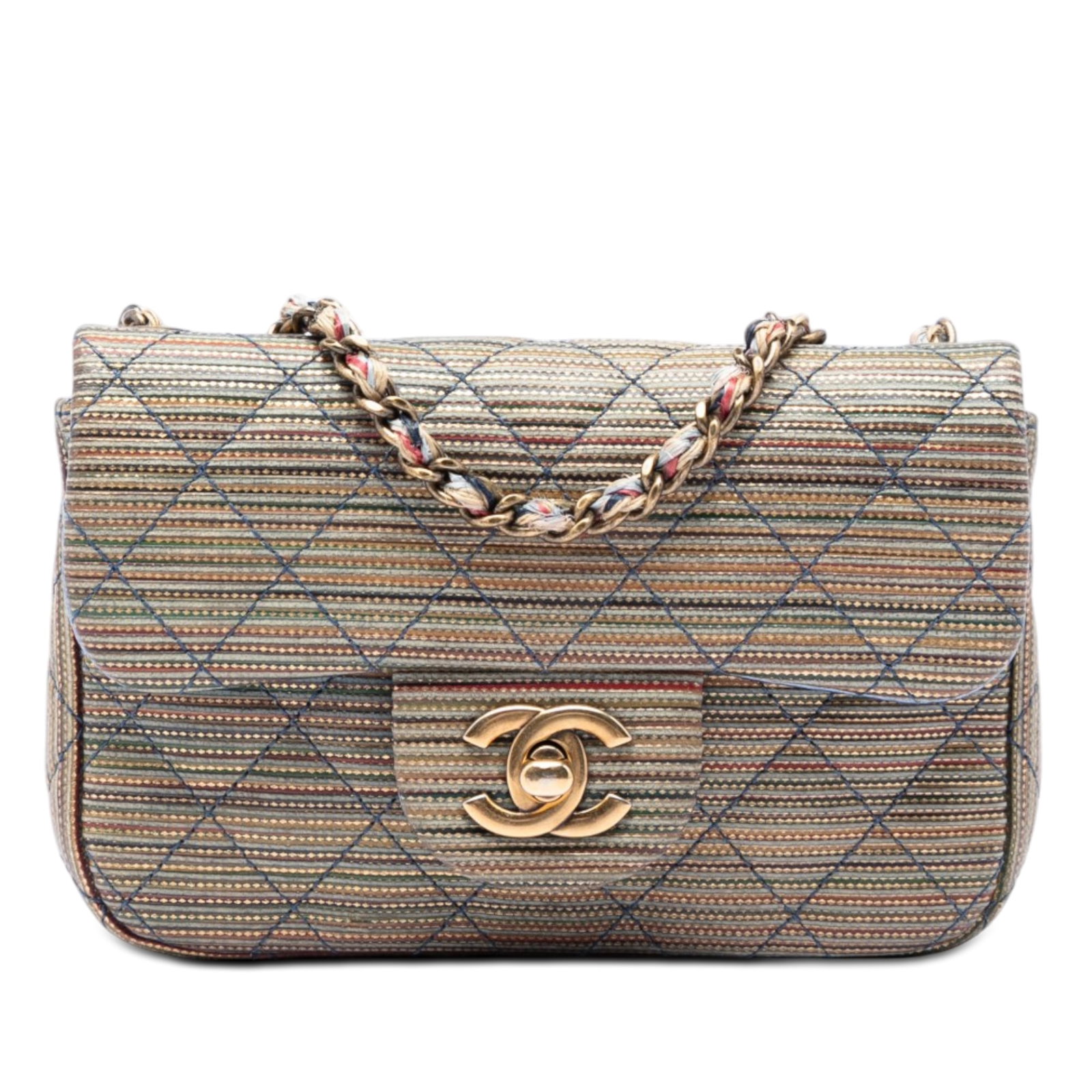Chanel Paris Seoul Mini Flap Bag Metallic Lambskin Gold: Chanel Paris Seoul Mini Flap Bag Metallic Lambskin Gold A Chanel Paris Seoul Mini flap bag in metallic lambskin leather with a quilted leather body and raffia-woven chain straps. It features a front f