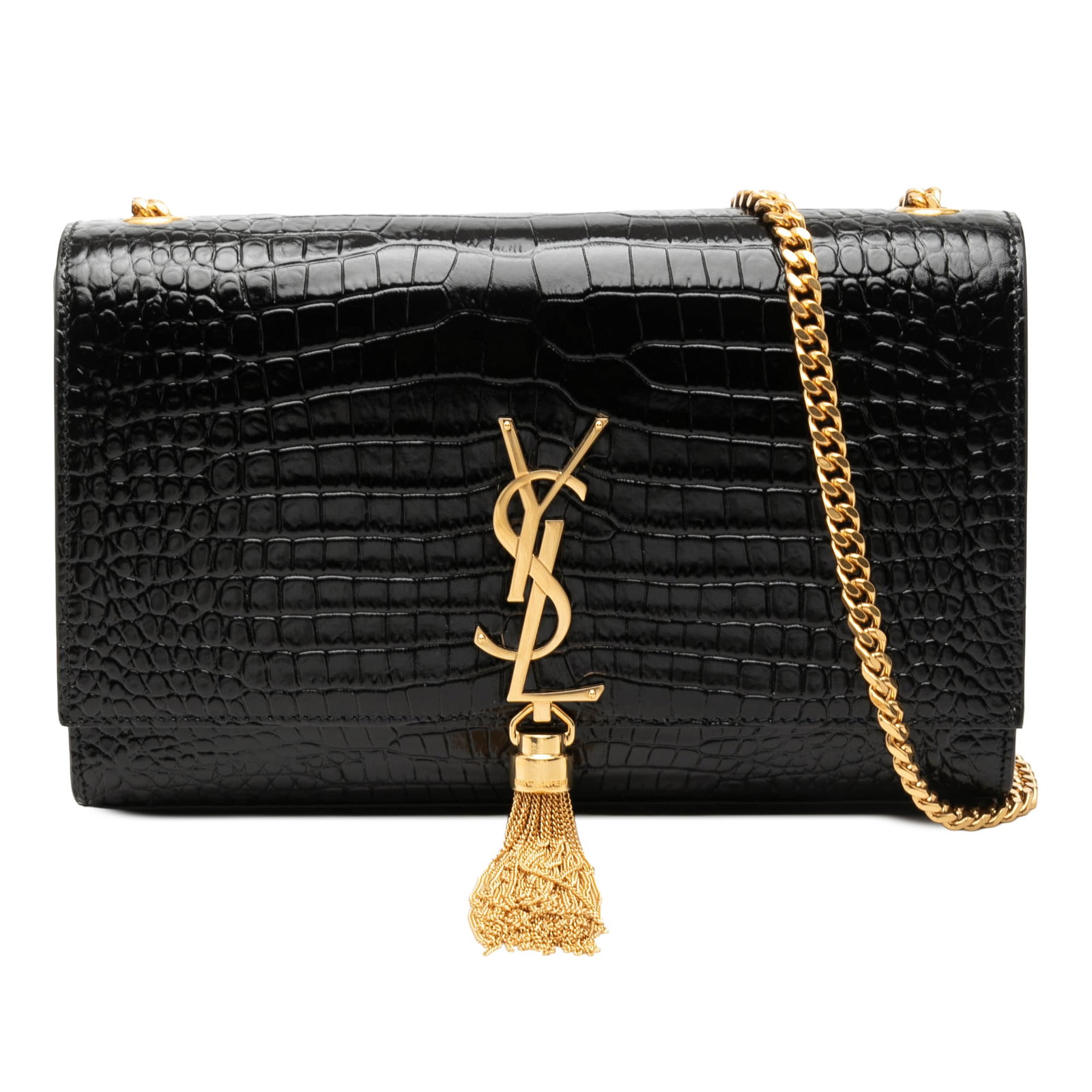 Saint Laurent Kate Medium Black Patent Croc Embossed Leather Crossbody: Saint Laurent Kate Medium Black Patent Croc Embossed Leather Crossbody Saint Laurent Medium Croc Embossed Patent Monogram Kate Tassel Crossbody in black leather. This crossbody bag features a croc emb