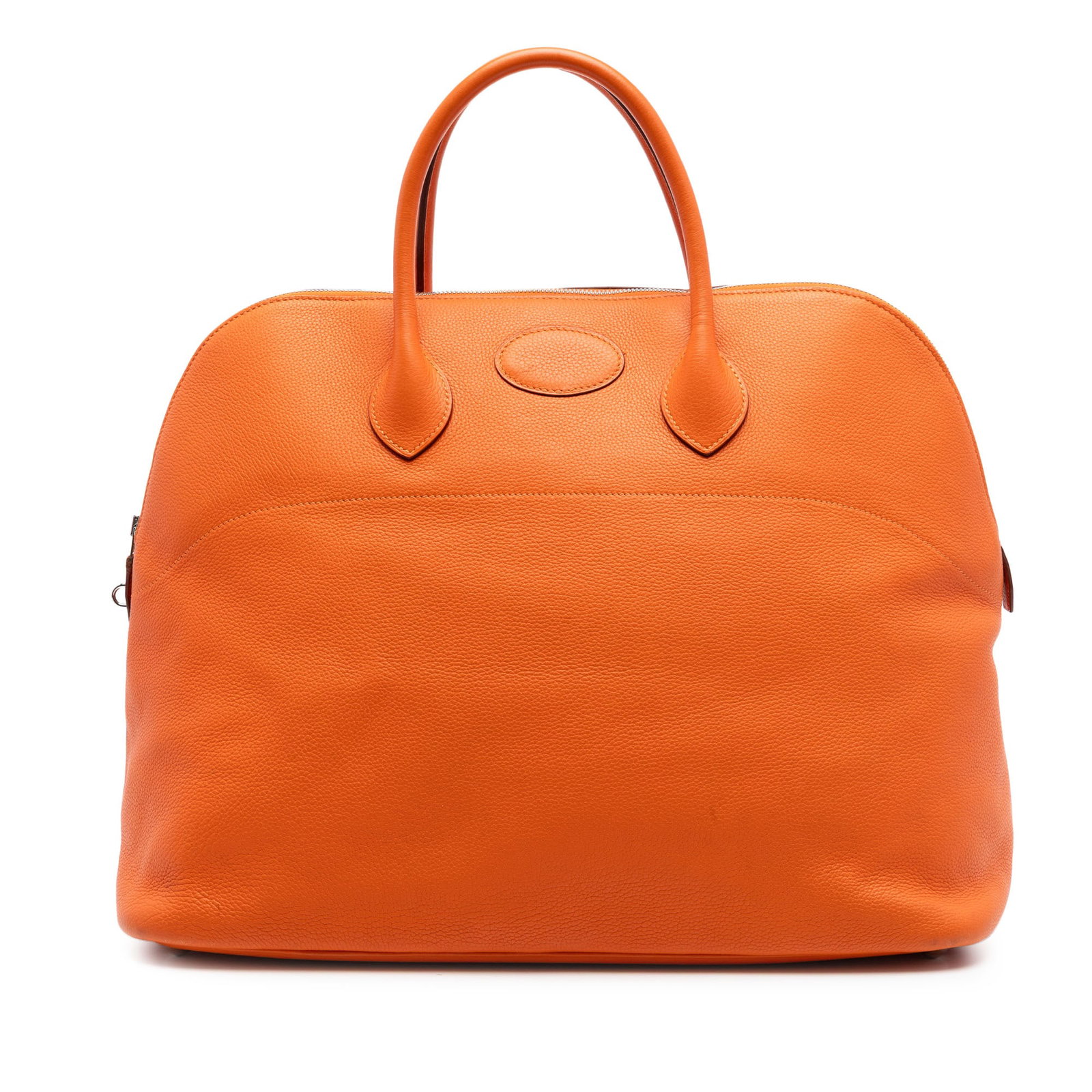 Hermes Orange Clemence Bolide 45 Leather Bag: Hermes Orange Clemence Bolide 45 Leather Bag This Hermes Clemence Bolide 45 bag showcases a luxurious orange Clemence leather body with rolled leather handles and a top zip closure. The interior inclu