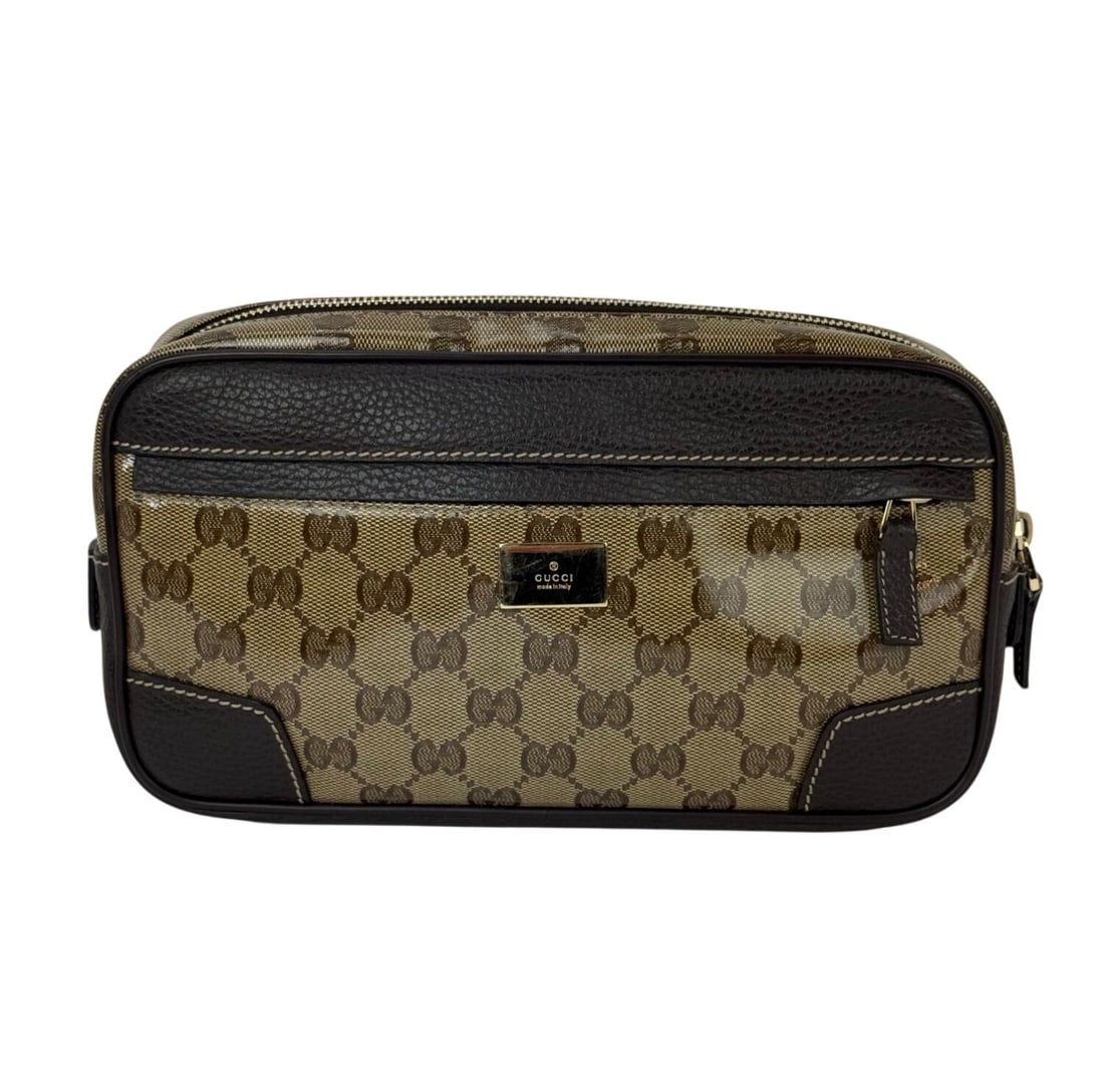 Gucci GG Canvas Brown Belt Sling Bag Gold Hardware: Gucci GG Canvas Brown Belt Sling Bag Gold Hardware This Gucci Crystal Coated GG Canvas Monogram Belt Sling Bag features a classic rectangular silhouette with a brown GG monogram pattern. Made from coa