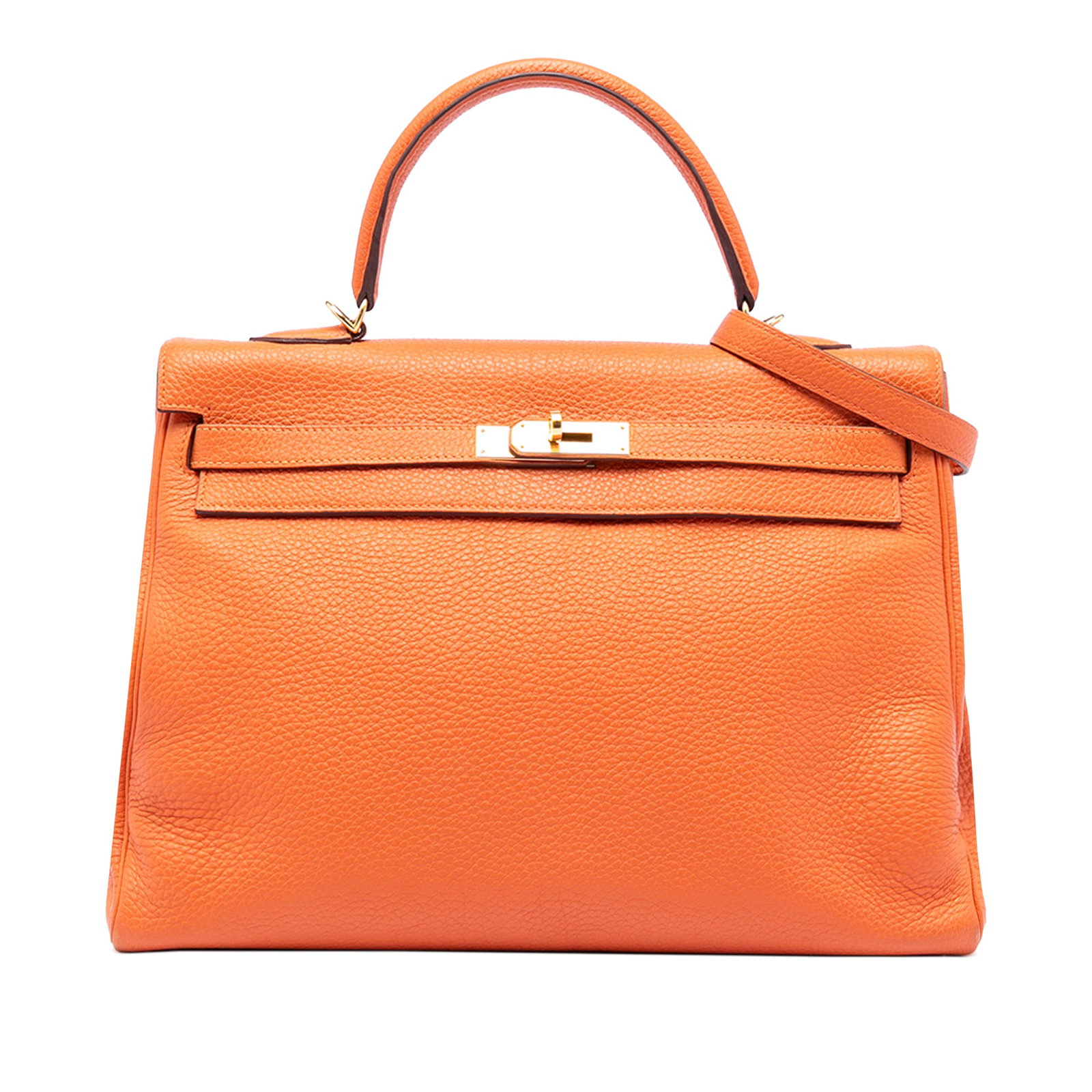 Hermes Orange Togo Leather Kelly II Retourne 35 Handbag with Gold Tone Hardware: Hermes Orange Togo Leather Kelly II Retourne 35 Handbag with Gold Tone Hardware The Hermes Togo Kelly II Retourne 35 features an orange Togo leather body with a top flat leather handle and a detachabl