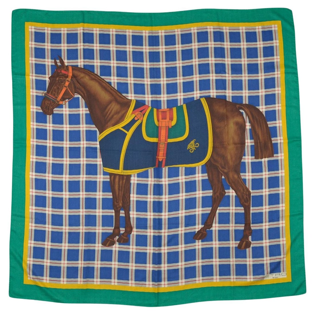Oversized Wool Shawl with Equestrian Motif by Etro Milan: Oversized Wool Shawl with Equestrian Motif by Etro Milan This Etro Milan oversized wool shawl features a vibrant multicolor equestrian design. Crafted in Italy, it showcases the brand's signature atte