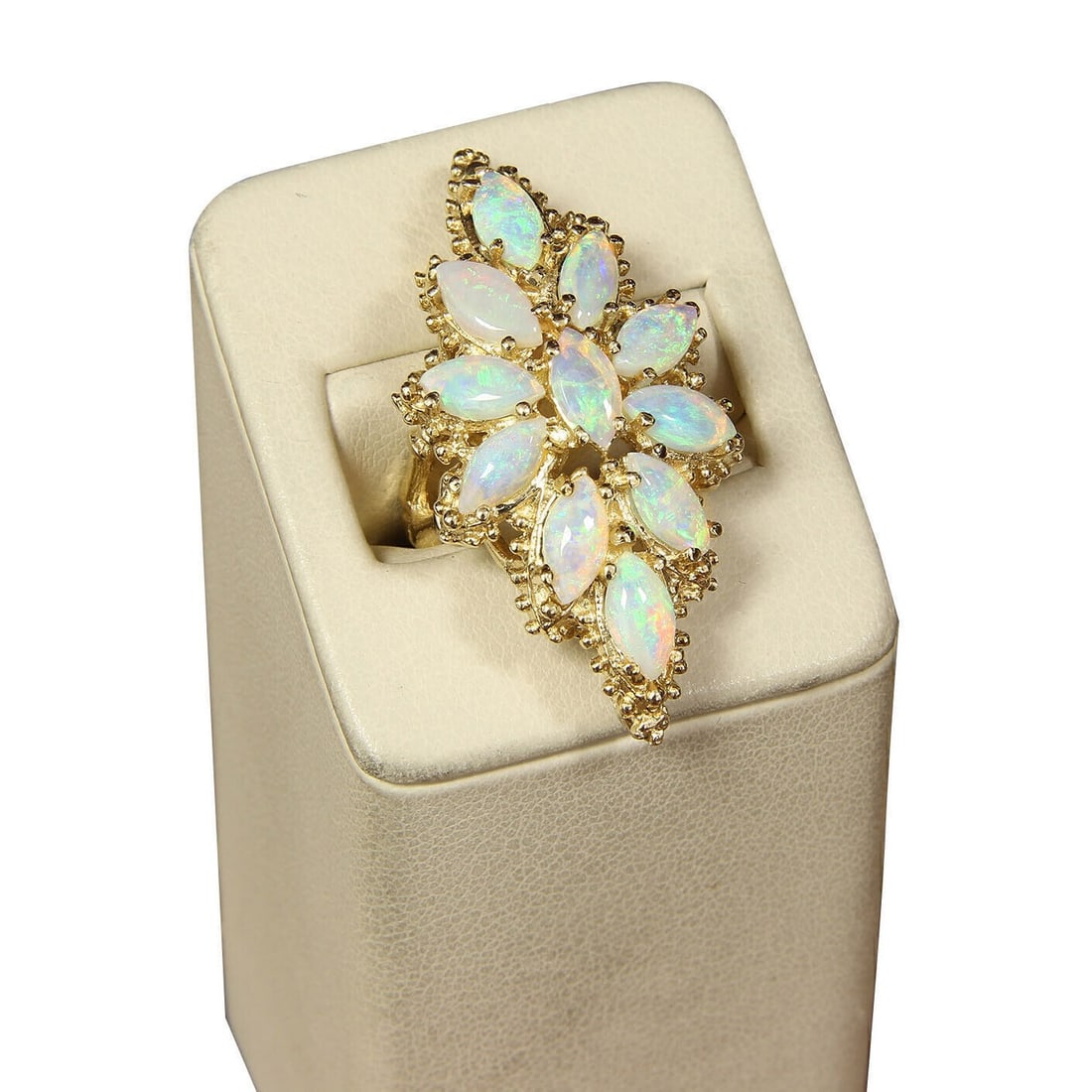 14k Yellow Gold Fire Opal Elongated Floral Ring Size 5: 14k Yellow Gold Fire Opal Elongated Floral Ring Size 5 This vintage estate long finger ring features an elongated floral motif with a marquise fire opal centerpiece. It is crafted in 14k yellow gold a