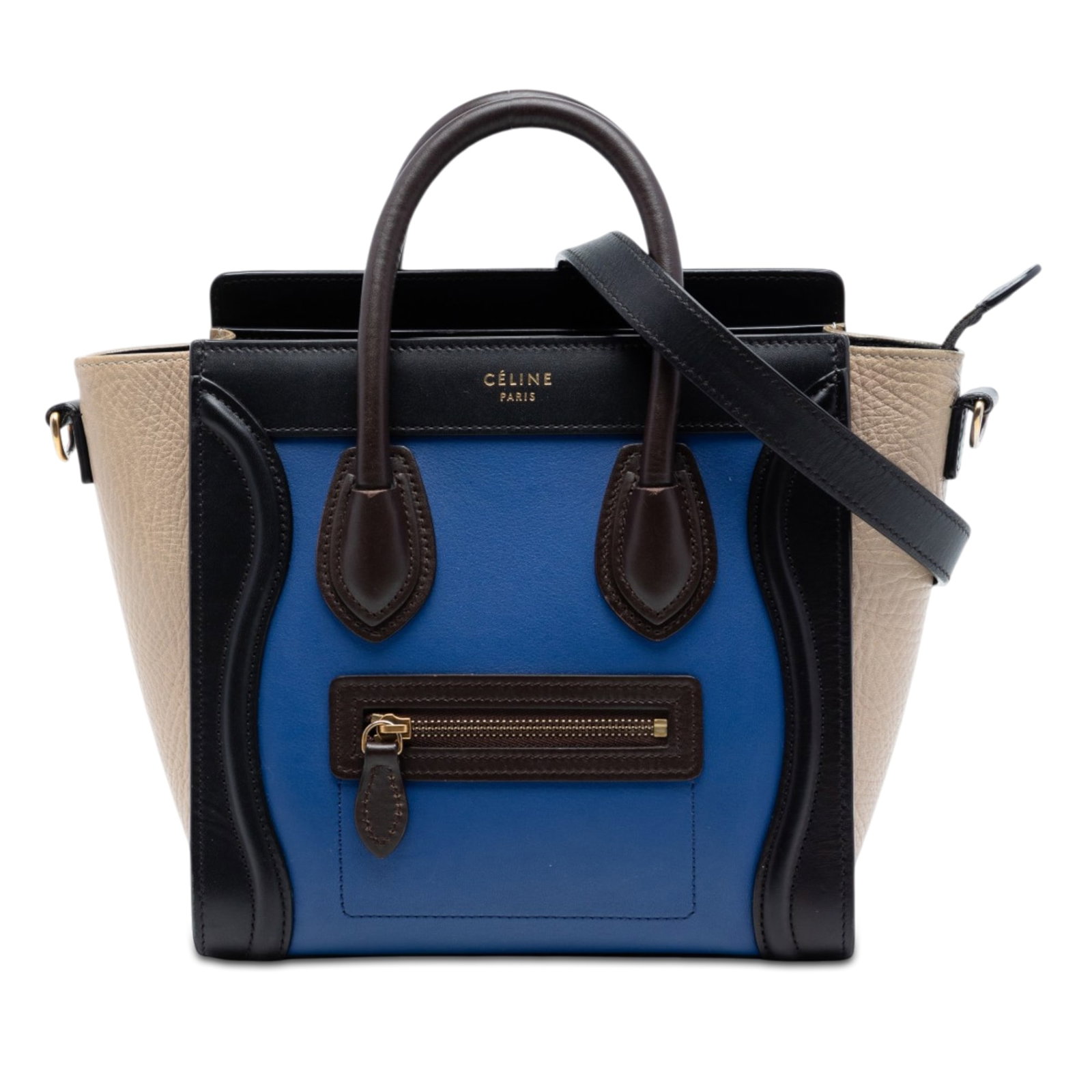 Celine Nano Tricolor Luggage Tote Leather Blue: Celine Nano Tricolor Luggage Tote Leather Blue This Celine Nano Tricolor Leather Luggage Tote is crafted from leather and features rolled leather handles, a detachable flat strap, a top zip closure, a