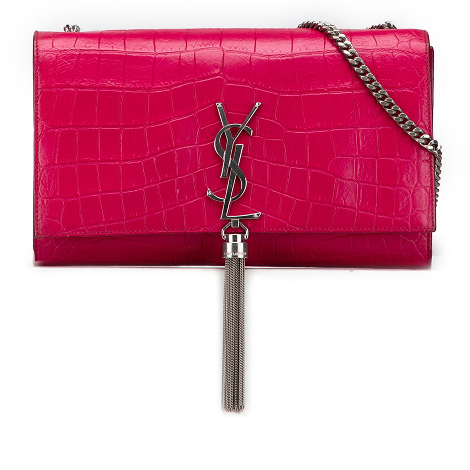Saint Laurent Pink Croc Embossed Leather Kate Crossbody Bag: Saint Laurent Pink Croc Embossed Leather Kate Crossbody Bag This Saint Laurent Medium Croc Embossed Leather Kate Tassel Crossbody bag combines elegance with a touch of modern flair. Crafted from embos