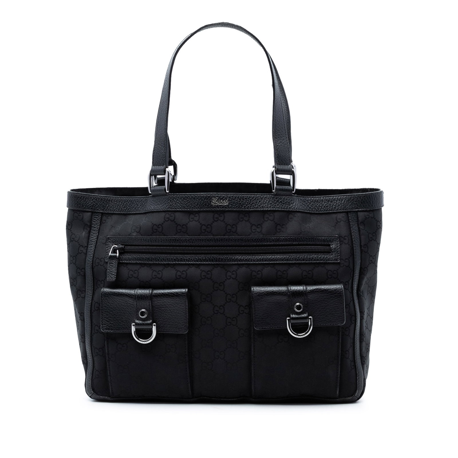 Gucci black nylon Abbey tote with D ring pockets: Gucci black nylon Abbey tote with D ring pockets This Gucci GG Nylon Abbey D Ring Pocket Tote features a black nylon body with leather trim and flat leather straps. The bag is designed with an open to