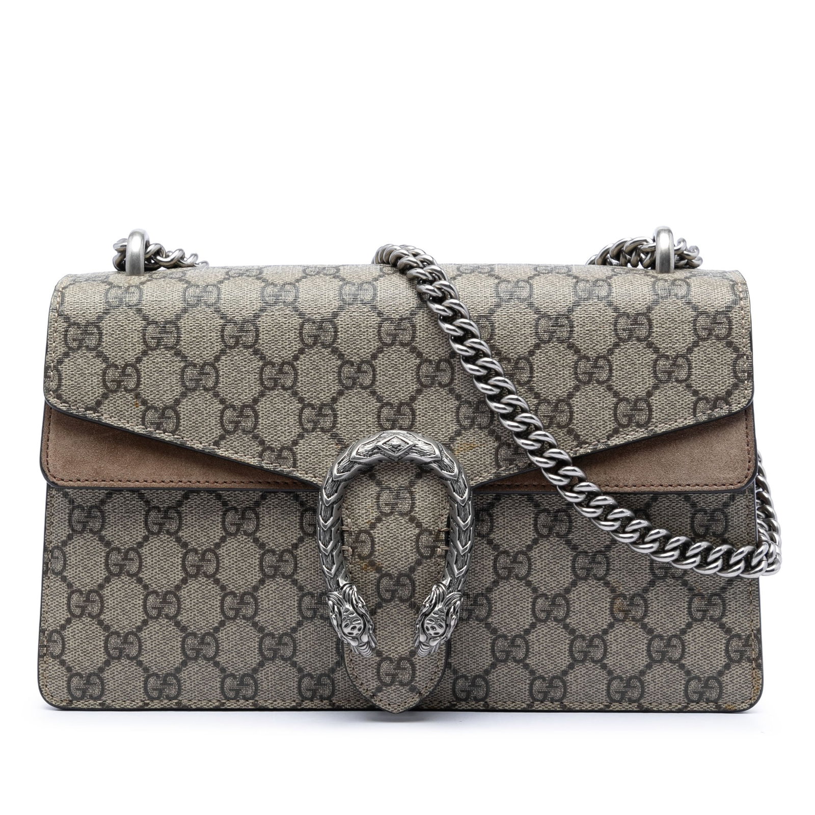 Gucci Dionysus Medium Shoulder Bag in GG Supreme Canvas: Gucci Dionysus Medium Shoulder Bag in GG Supreme Canvas This Gucci Medium GG Supreme Dionysus Shoulder Bag is made with a coated canvas body and suede leather trim. It features a chain link shoulder s