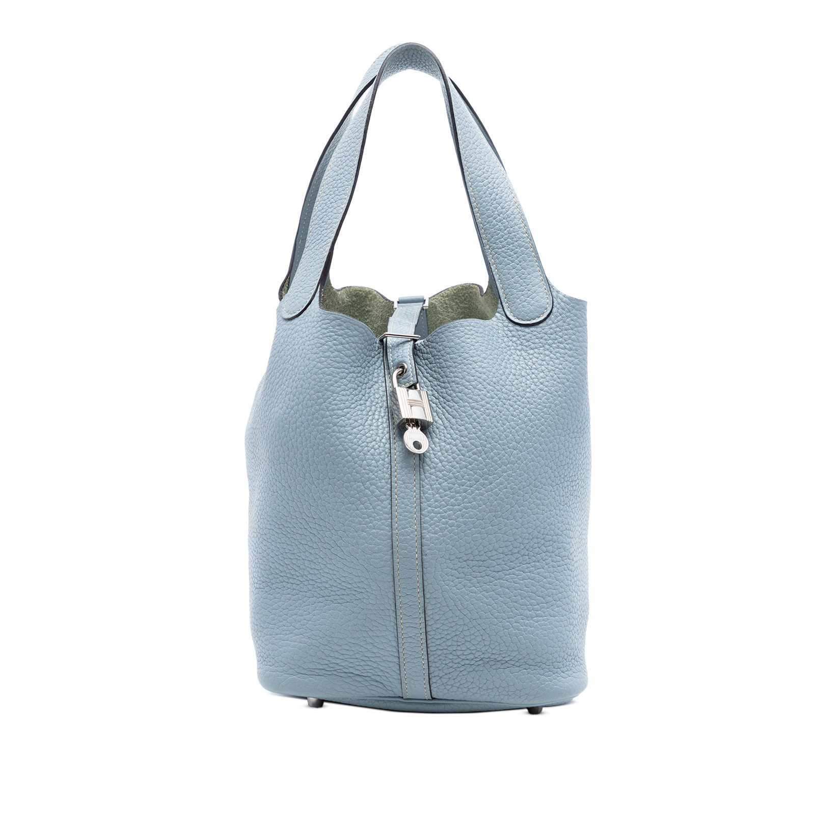 Hermes Picotin Lock 22 Bleu Lin Clemence Leather Bag: Hermes Picotin Lock 22 Bleu Lin Clemence Leather Bag The Hermes Clemence Picotin Lock 22 is crafted from Clemence leather in a Bleu Lin color, featuring flat leather handles and an open top with a pul