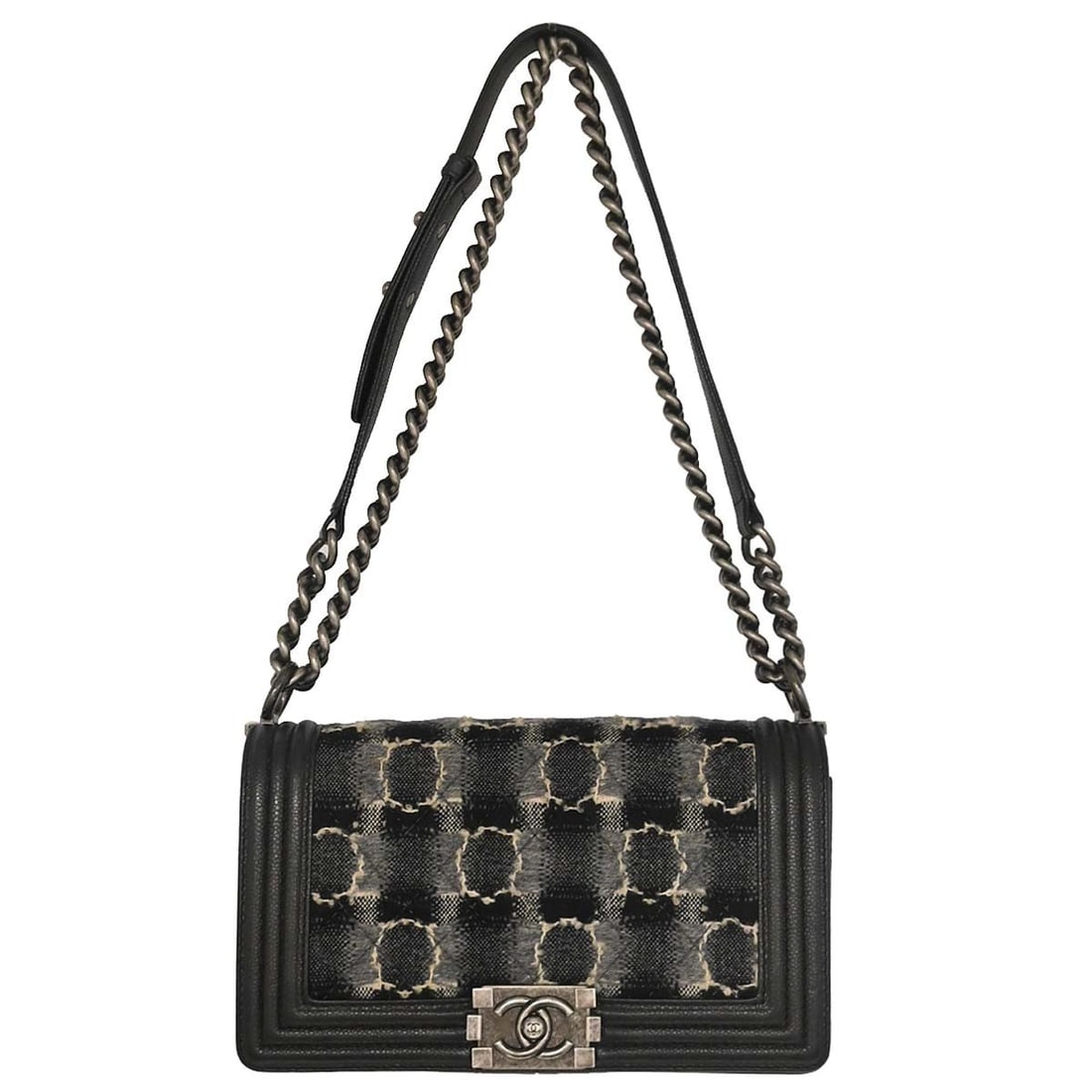 CHANEL Boy Medium Shoulder Bag Black Caviar Leather Tweed: CHANEL Boy Medium Shoulder Bag Black Caviar Leather Tweed Vintage Chanel Boy medium shoulder bag in black caviar skin leather and tweed. This women's shoulder bag features a square silhouette, push-lo