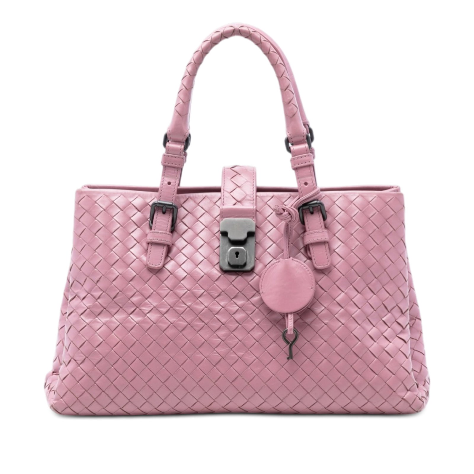 Bottega Veneta Roma Pink Nappa Intrecciato Satchel: Bottega Veneta Roma Pink Nappa Intrecciato Satchel This Bottega Veneta Small Nappa Intrecciato Roma Satchel showcases the brand's signature woven nappa leather in a pink finish. The satchel features r