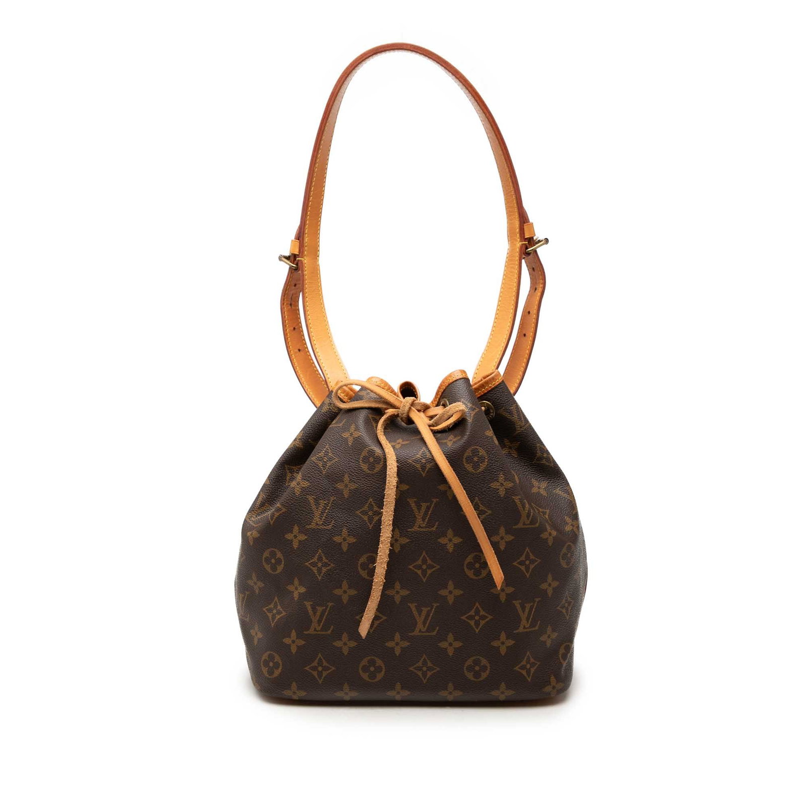 Louis Vuitton Petit Noe Monogram Canvas Drawstring Bag: Louis Vuitton Petit Noe Monogram Canvas Drawstring Bag Louis Vuitton Monogram Petit Noe bag featuring a monogram canvas body with vachetta leather trim, an adjustable flat vachetta leather strap, and 