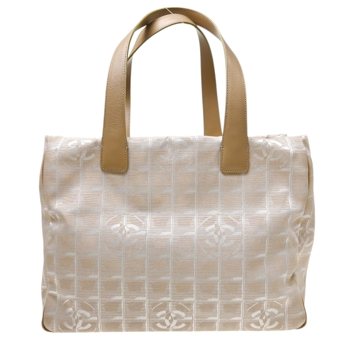 CHANEL Travel Line Beige Jacquard Nylon Tote Bag: CHANEL Travel Line Beige Jacquard Nylon Tote Bag Chanel Beige Jacquard Nylon Travel Line Tote Handbag in medium size, designed for casual wear. It features a beige exterior with jacquard nylon and lea