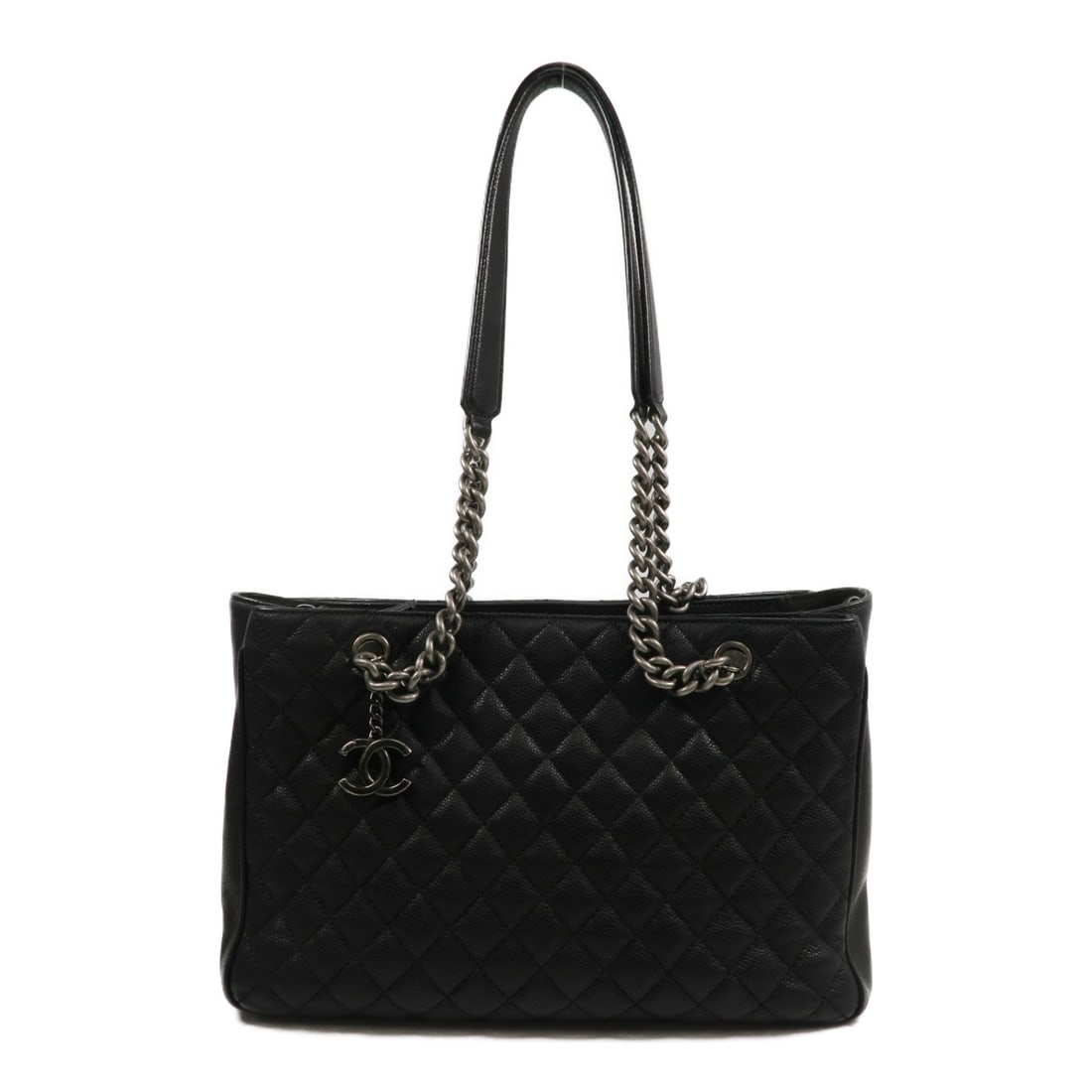 CHANEL CC Black Calfskin Shoulder Bag with Silver Tone Chain: CHANEL CC Black Calfskin Shoulder Bag with Silver Tone Chain A CHANEL shoulder bag crafted in black calfskin (cowhide) with a chain shoulder strap and black frame color. It is a women's regular-size b