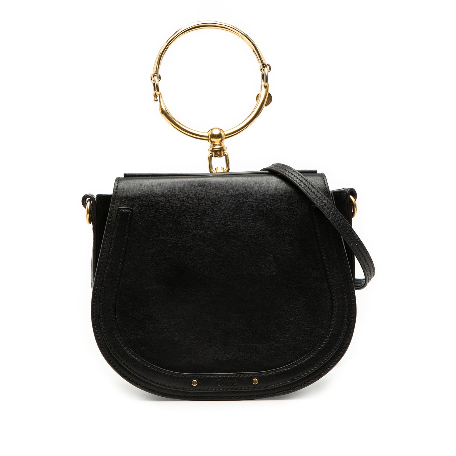 Chloe Nile Bracelet Medium Leather Satchel Black: Chloe Nile Bracelet Medium Leather Satchel Black Chloe Medium Nile Bracelet satchel in black leather with the signature metal hoop handle and a detachable flat leather strap. The bag features a front 