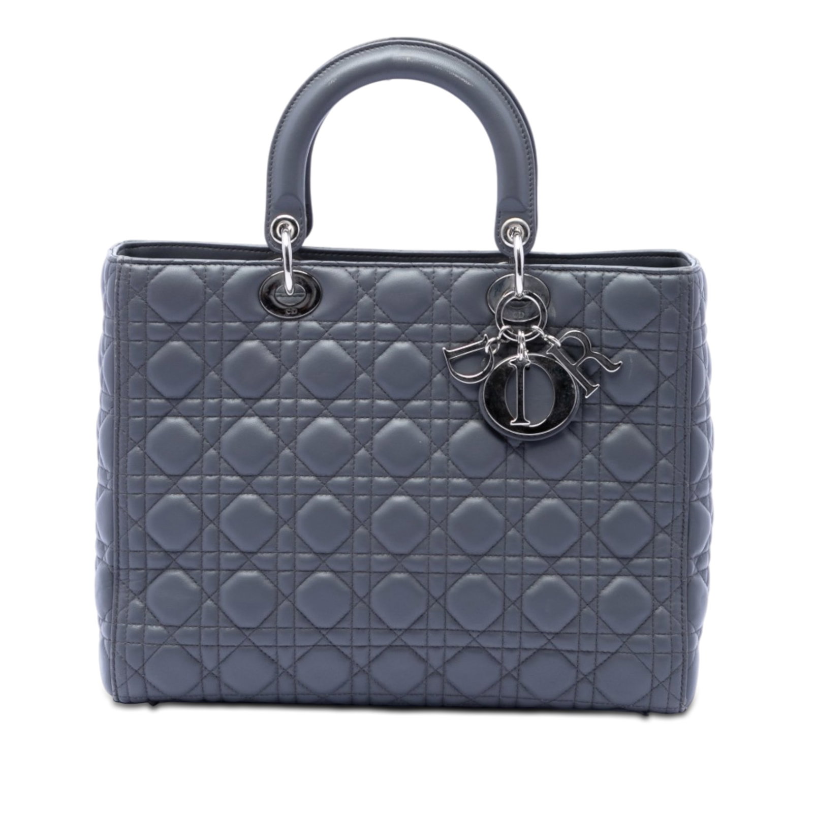 Dior Lady Dior Large Gray Lambskin Cannage Handbag: Dior Lady Dior Large Gray Lambskin Cannage Handbag Large Lady Dior bag in gray quilted lambskin leather with Cannage detailing. It features flat leather top handles, a top zip closure, and an interior