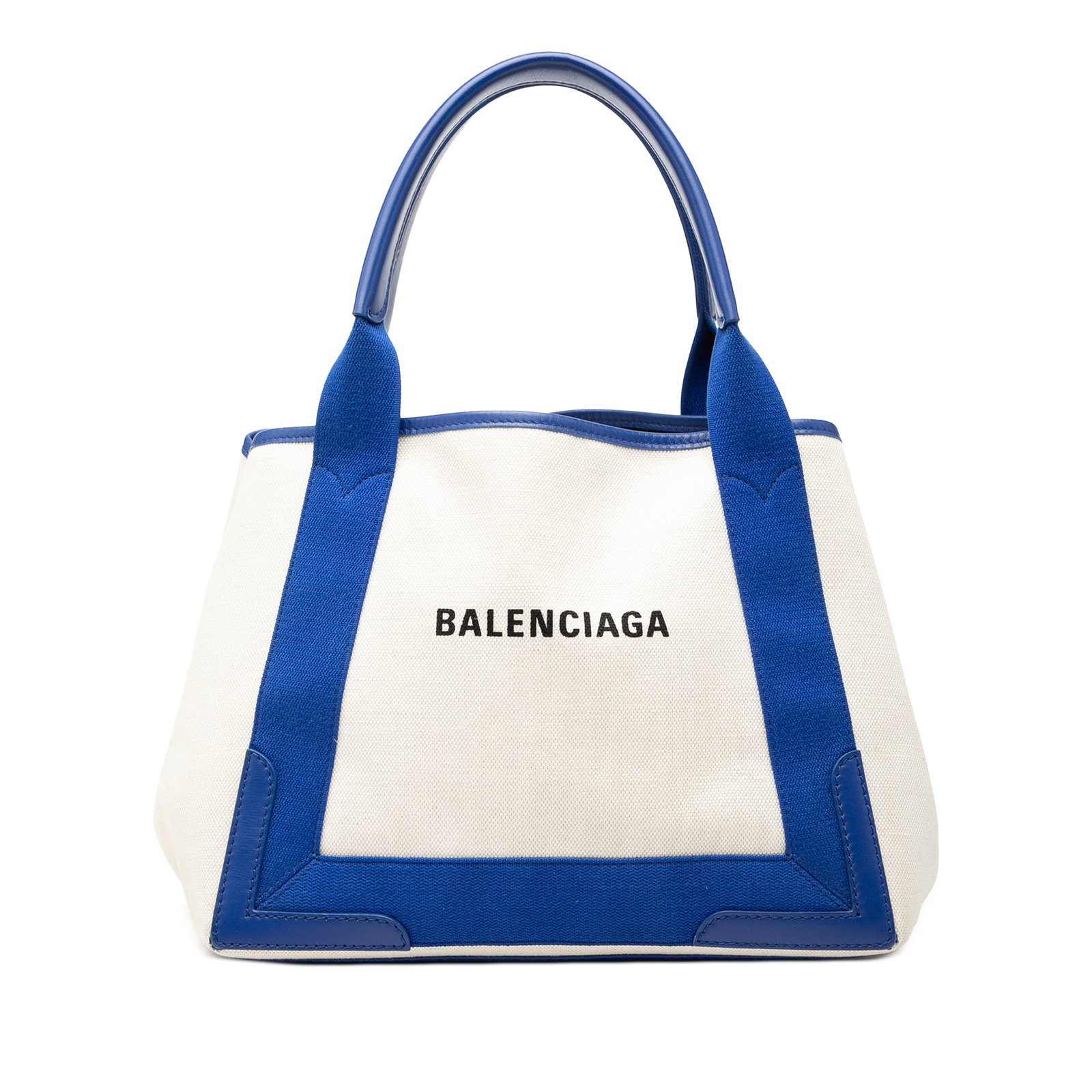 Balenciaga Navy Cabas S Canvas Tote Bag: Balenciaga Navy Cabas S Canvas Tote Bag This Balenciaga Canvas Navy Cabas S Tote features a durable canvas body with leather trim and flat leather handles. The tote has an open top for easy access to 