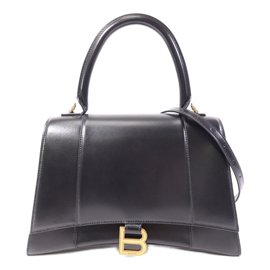 Balenciaga Hourglass Medium 619663 calfskin shoulder bag with strap black: Balenciaga Hourglass Medium 619663 calfskin shoulder bag with strap black Balenciaga Hourglass Medium 2 Way Shoulder Bag in black calfskin leather, model 619663. It features a magnetic pocket, two ope