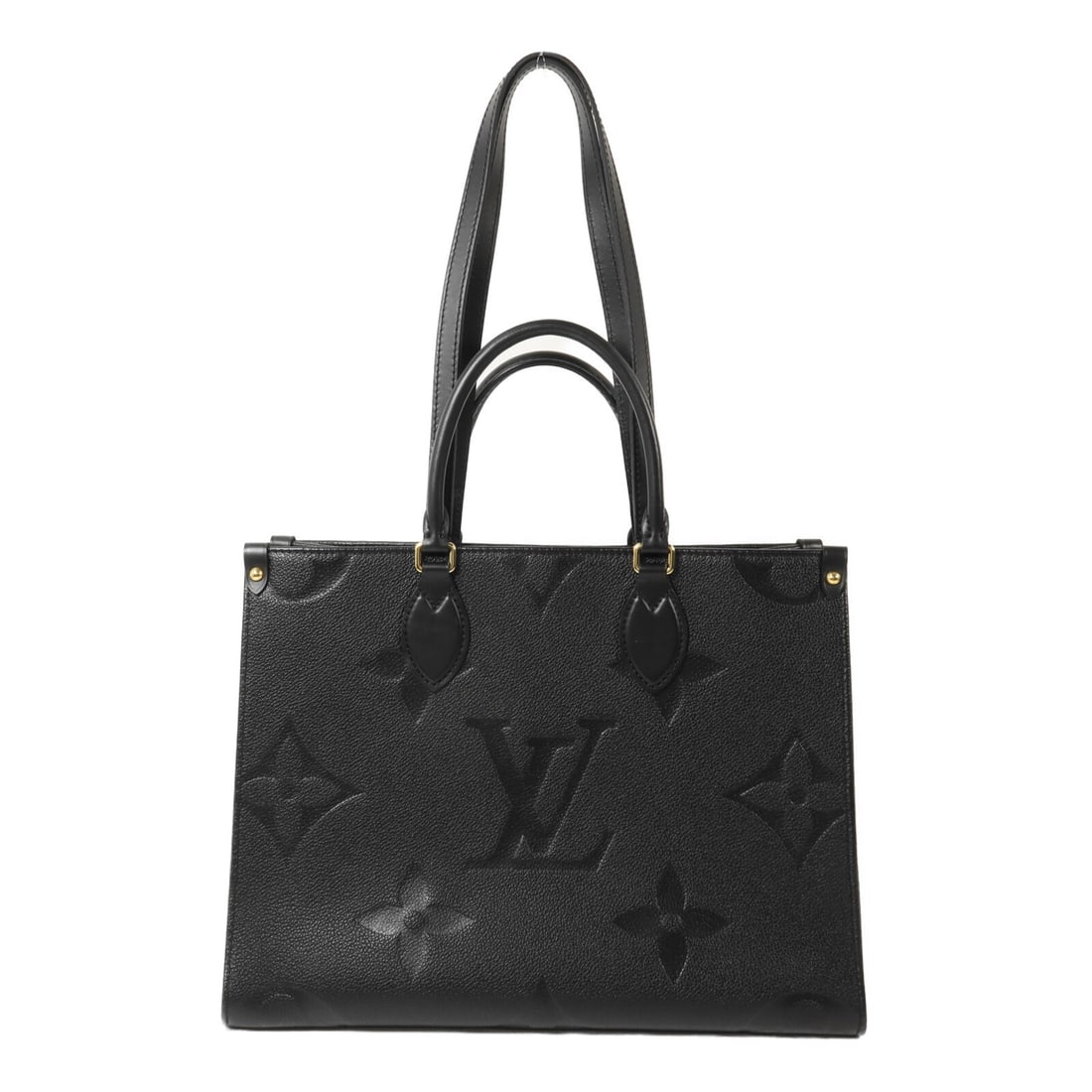 Louis Vuitton Onthego MM M45595 black Monogram Empreinte handbag: Louis Vuitton Onthego MM M45595 black Monogram Empreinte handbag A Louis Vuitton On The Go MM 2 Way Bag in black Monogram Empreinte and calfskin (cowhide), model M45595. It features two open interior 