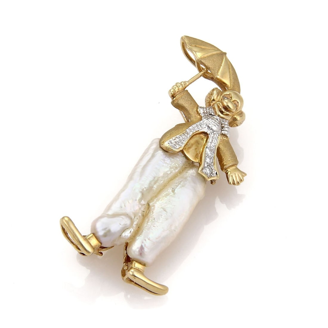Vintage 14k Two Tone Gold Clown Umbrella Brooch with Diamonds Baroque Pearls (1 of 5)