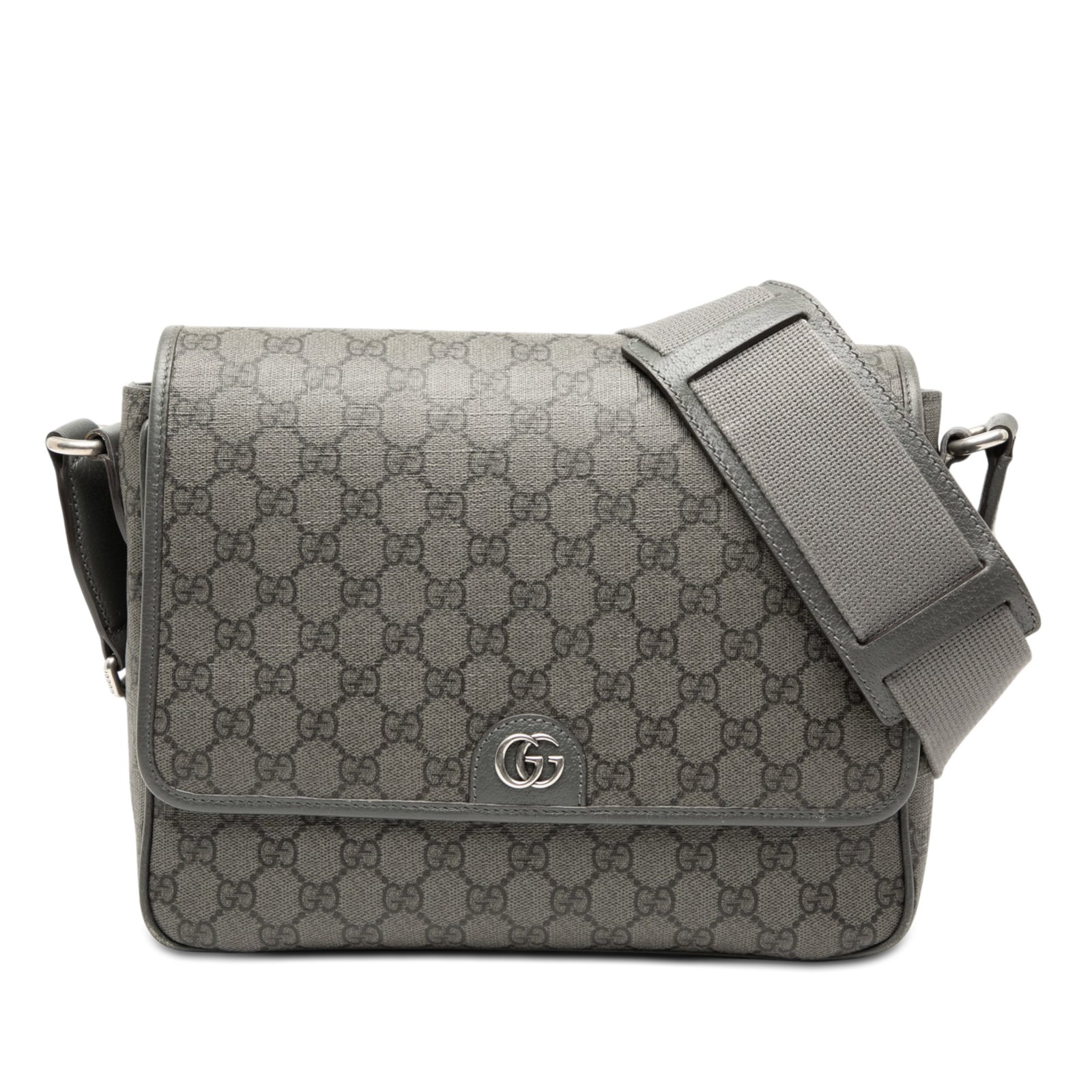 Gucci Ophidia GG Supreme crossbody bag medium gray: Gucci Ophidia GG Supreme crossbody bag medium gray This Gucci Medium GG Supreme Ophidia Messenger Bag features a coated canvas body with leather trim, an adjustable flat strap, a top flap with magneti