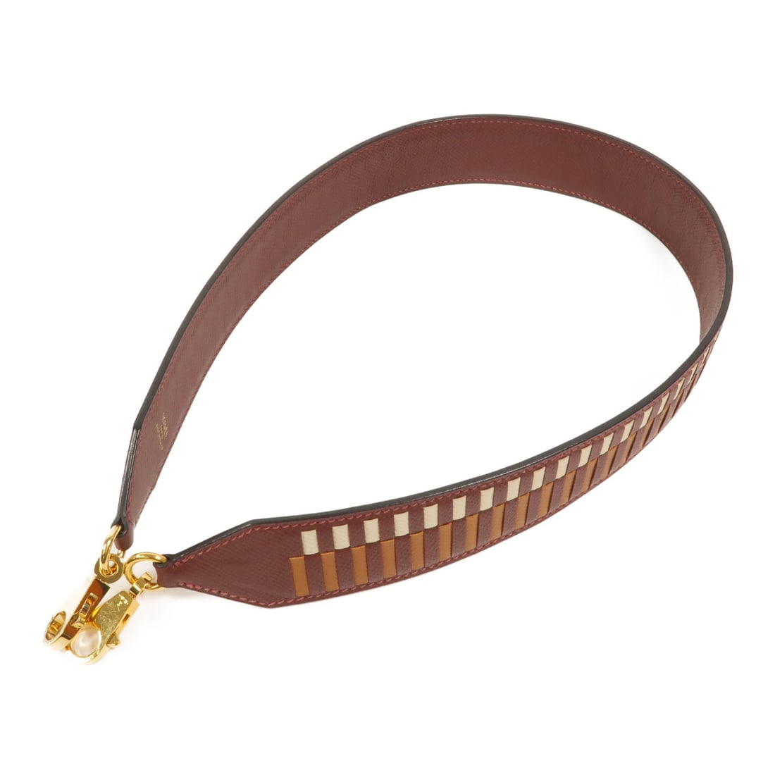 Hermes 70cm Epsom Calfskin Shoulder Strap Bordeaux Gold Craie: Hermes 70cm Epsom Calfskin Shoulder Strap Bordeaux Gold Craie A Hermes shoulder strap made from Epsom and calfskin (cowhide) leather in Bordeaux, Gold, and Craie. It measures 70 cm in total length and