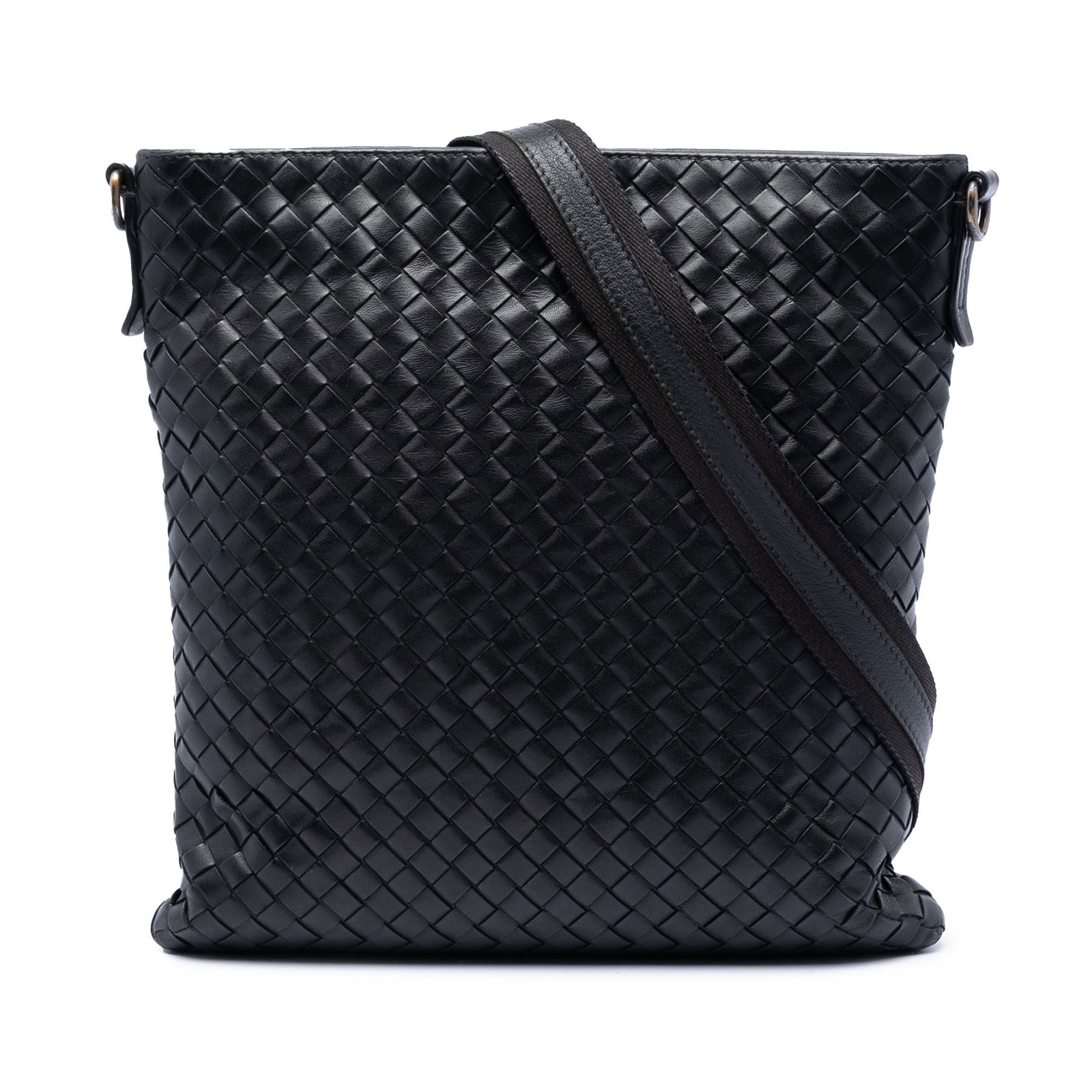 Black Leather Crossbody Bottega Veneta Nappa Intrecciato VN: Black Leather Crossbody Bottega Veneta Nappa Intrecciato VN Bottega Veneta Nappa Intrecciato VN Crossbody in black leather with a woven body, top zip closure, adjustable and detachable flat strap, and