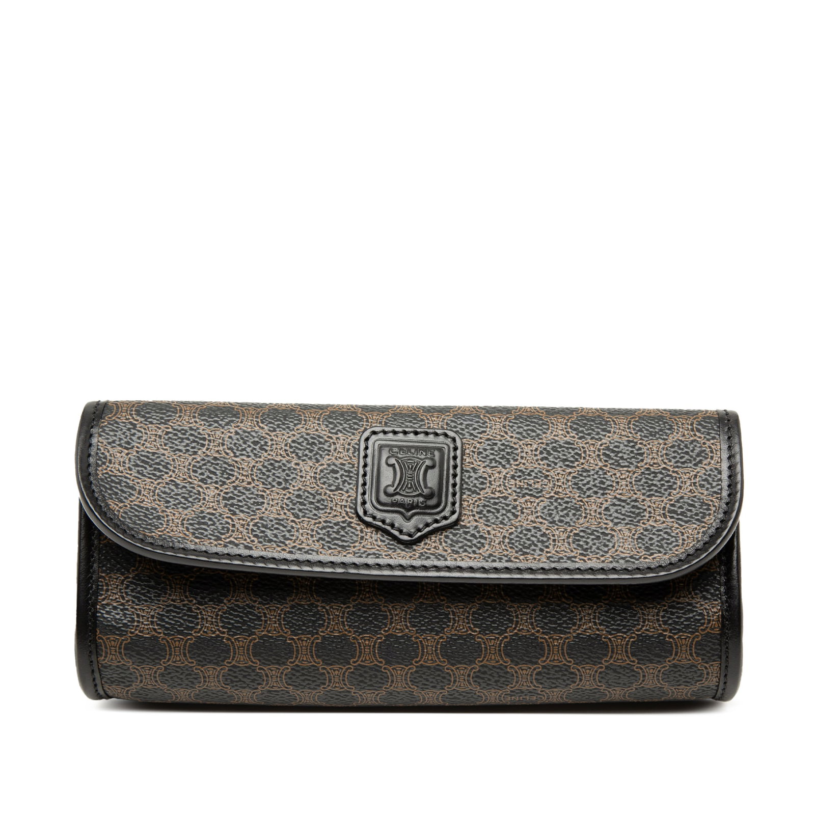 Celine Macadam flap clutch in coated canvas and leather: Celine Macadam flap clutch in coated canvas and leather Celine Macadam coated canvas clutch with leather trim and a front flap secured by a magnetic snap closure. Made in Italy, this black clutch has 