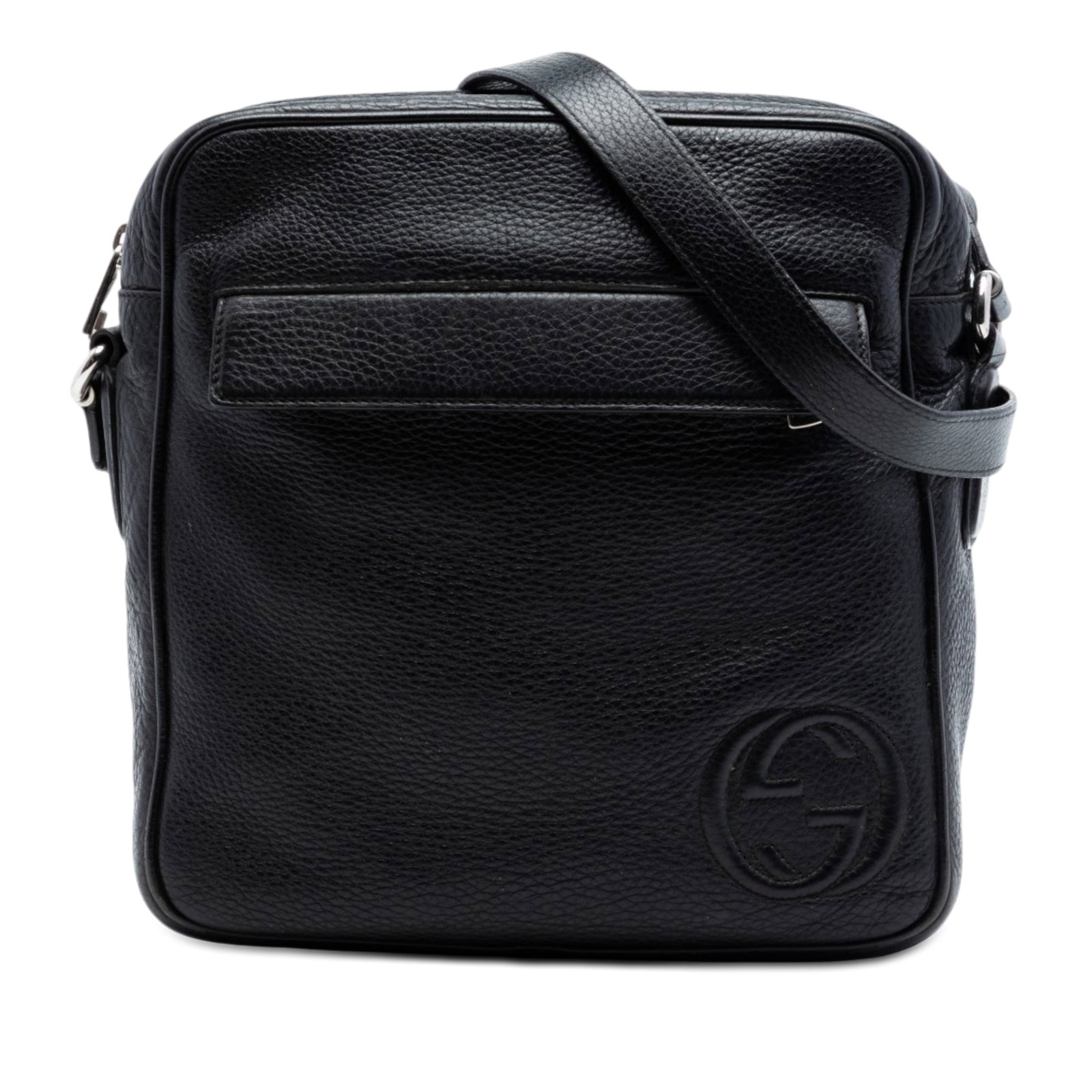Gucci Soho Messenger Crossbody Bag Black Pebbled Calfskin: Gucci Soho Messenger Crossbody Bag Black Pebbled Calfskin Gucci Medium Pebbled Calfskin Soho Messenger Bag in black leather with a crossbody silhouette. It features an adjustable flat leather strap, t