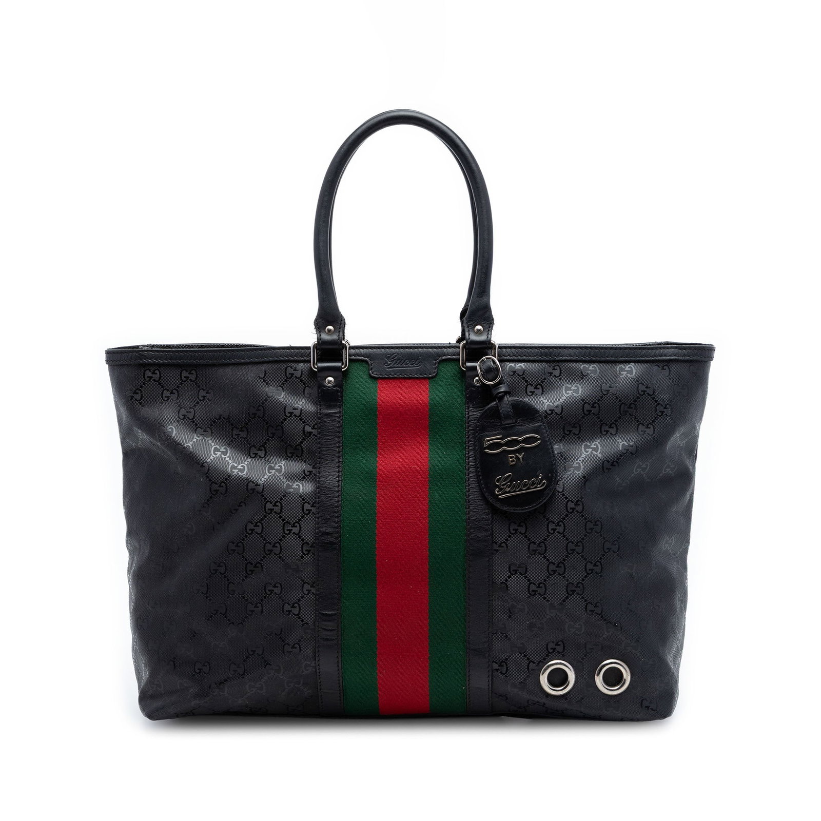 Gucci Fiat 500 GG Imprime Web Large Tote Bag Black: Gucci Fiat 500 GG Imprime Web Large Tote Bag Black This Gucci Fiat 500 Large GG Imprime Web Tote is a black tote bag made in Italy. It features a coated canvas body with leather trim and web details, 