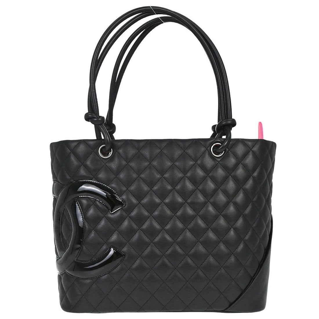 CHANEL Cambon Ligne black calfskin quilted tote handbag: CHANEL Cambon Ligne black calfskin quilted tote handbag Chanel Cambon Ligne tote handbag in black calfskin leather with quilted logo accents and patent leather trim. This medium tote features double h