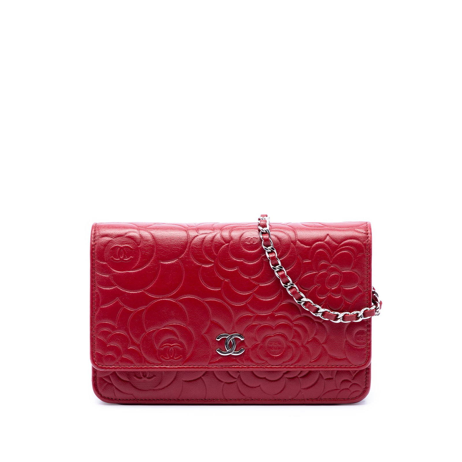 Chanel Camellia CC Embossed Lambskin Wallet on Chain Red: Chanel Camellia CC Embossed Lambskin Wallet on Chain Red Chanel CC Embossed Lambskin Camellia Wallet On Chain in red. It features a quilted lambskin leather body, a leather-woven chain strap, a top fl