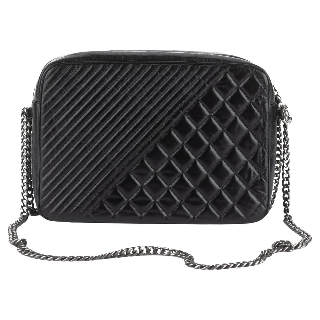 Chanel Small Coco Case Glazed Calfskin Shoulder Bag Black: Chanel Small Coco Case Glazed Calfskin Shoulder Bag Black Chanel Small Coco Case in black glazed calfskin with contrasting ribbed and diamond quilting. This camera-style bag features a long leather-th